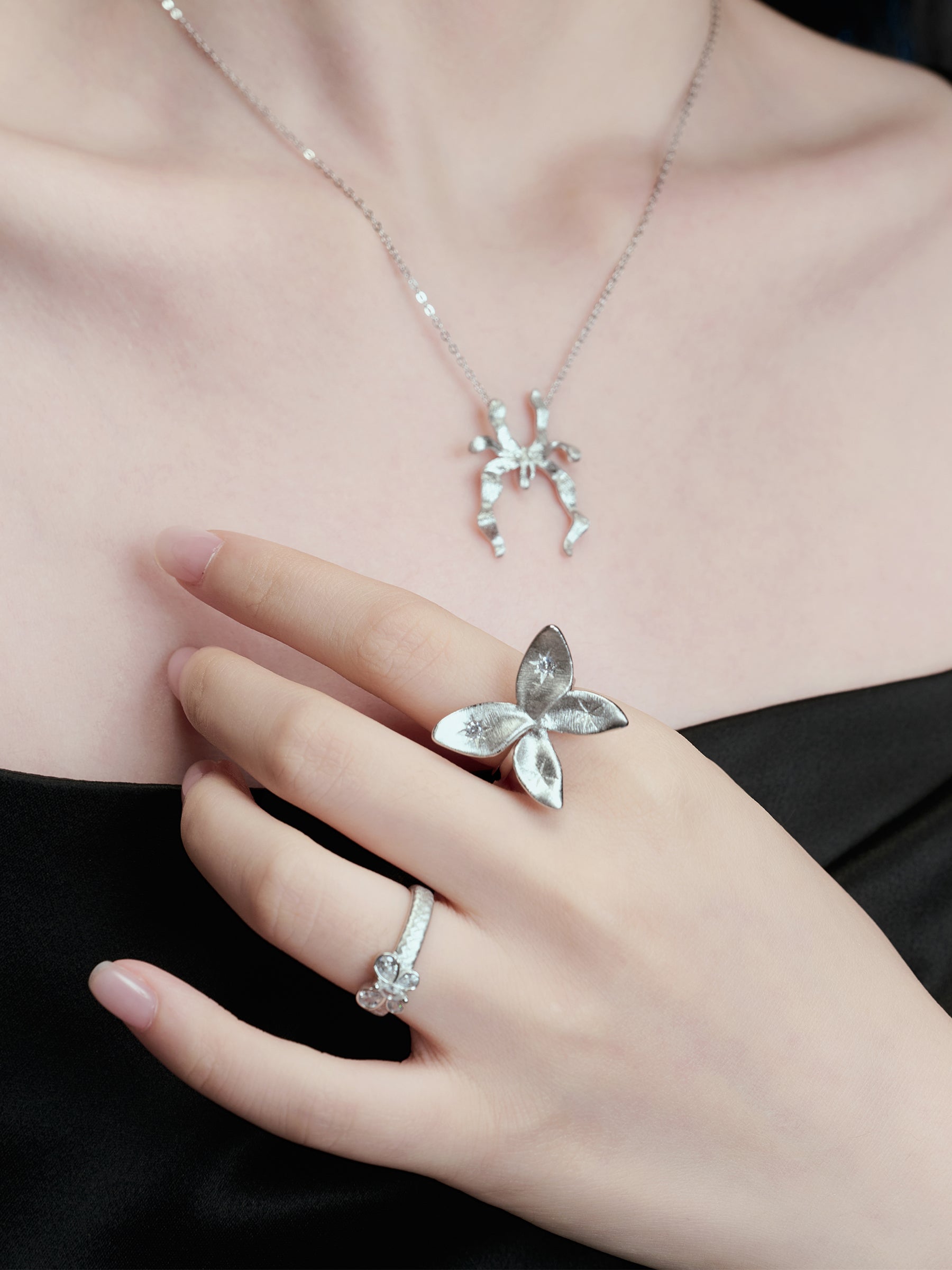 Silver Floral & Butterfly Accent Ring