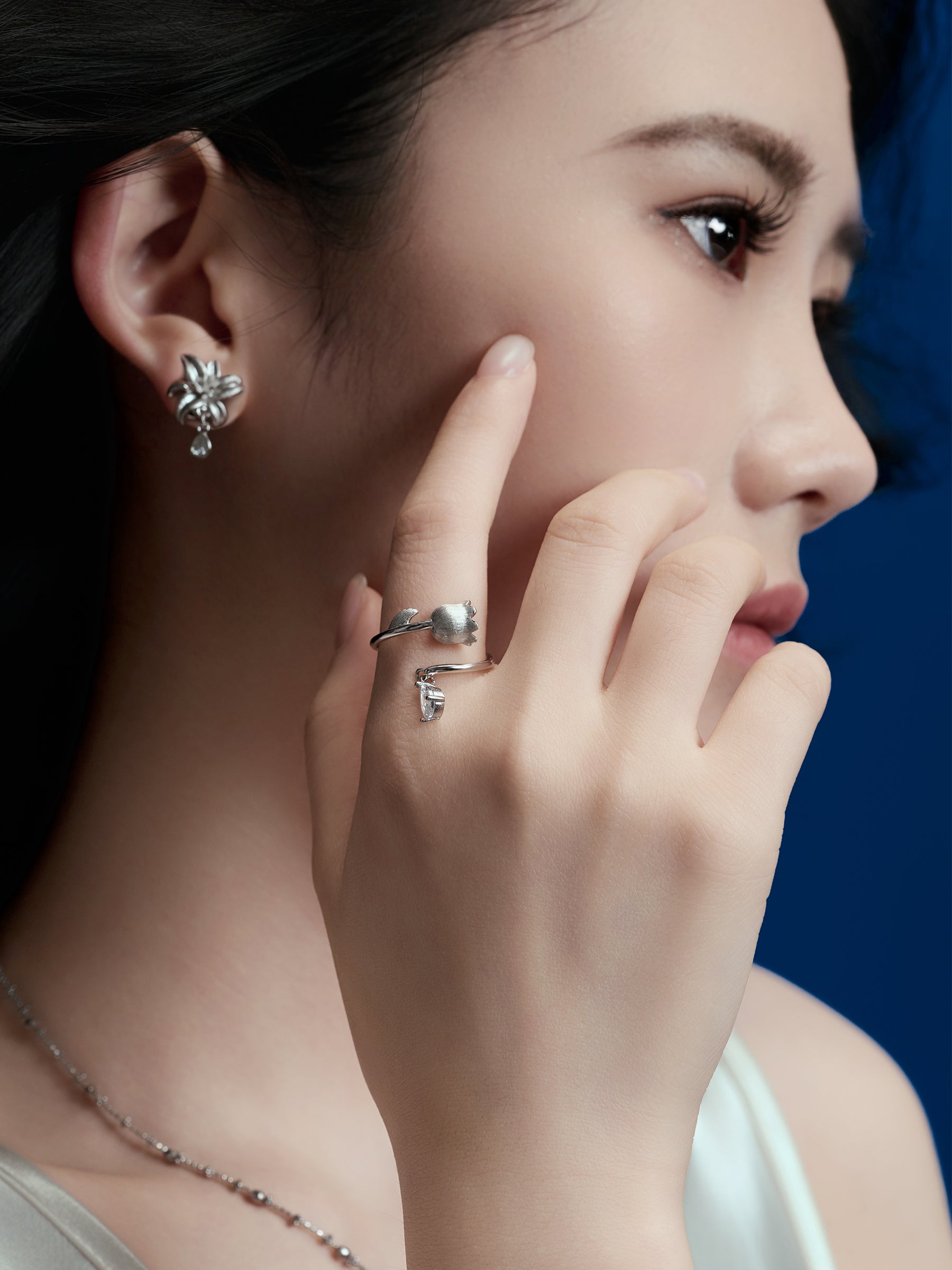 Silver Tulip & Crystal Charm Open Ring