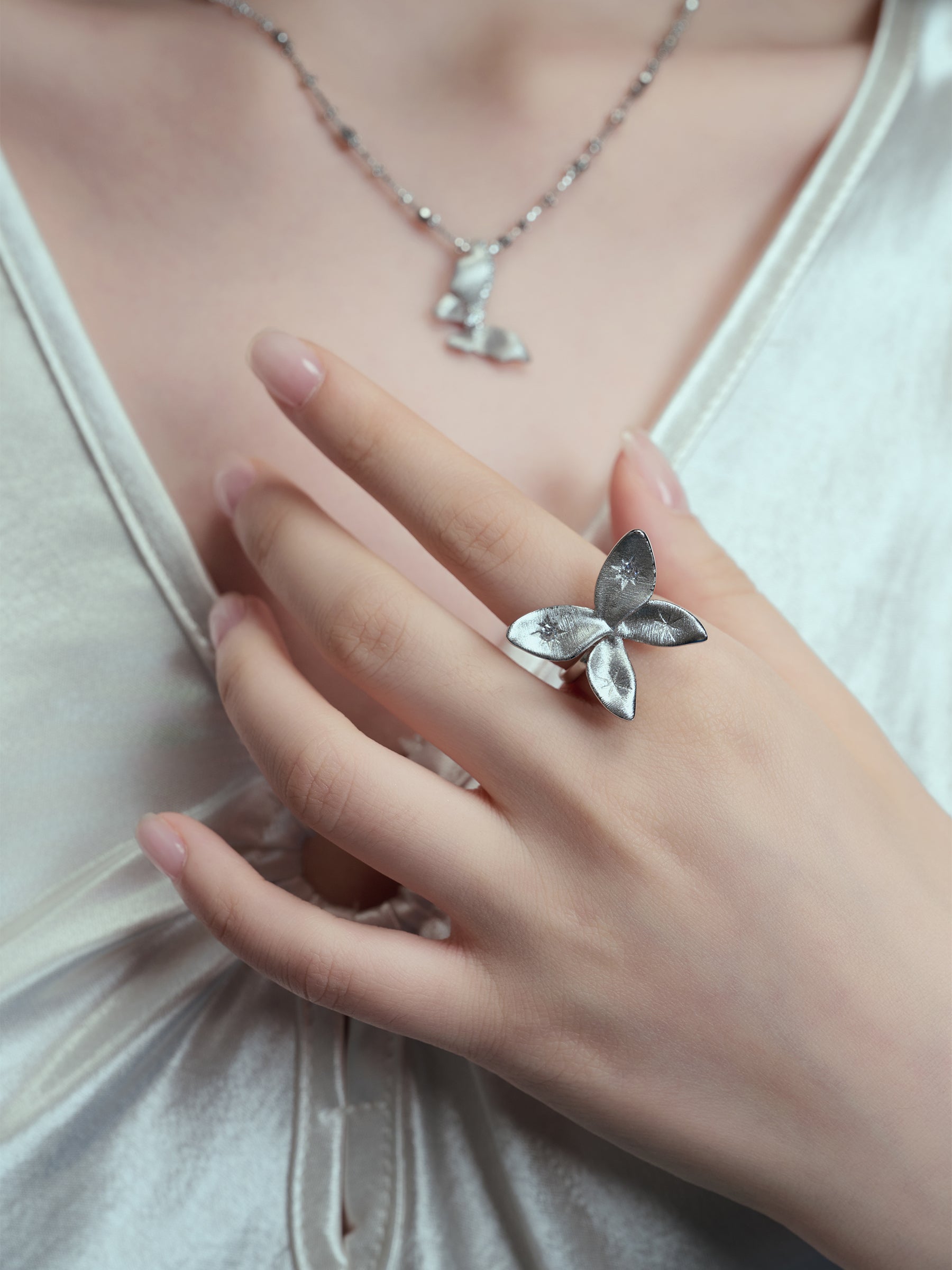 Silver Floral & Butterfly Accent Ring