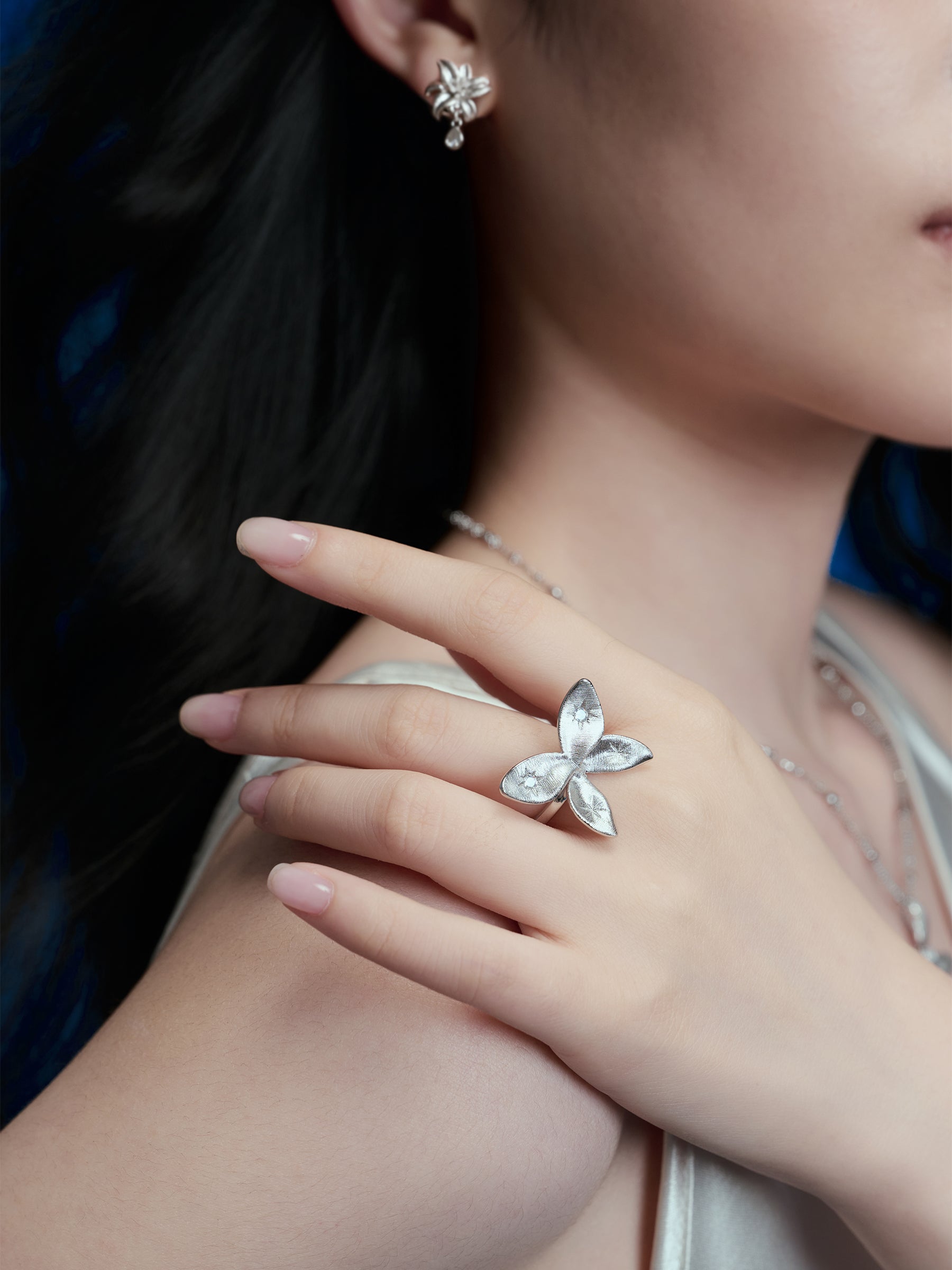 Silver Floral & Butterfly Accent Ring