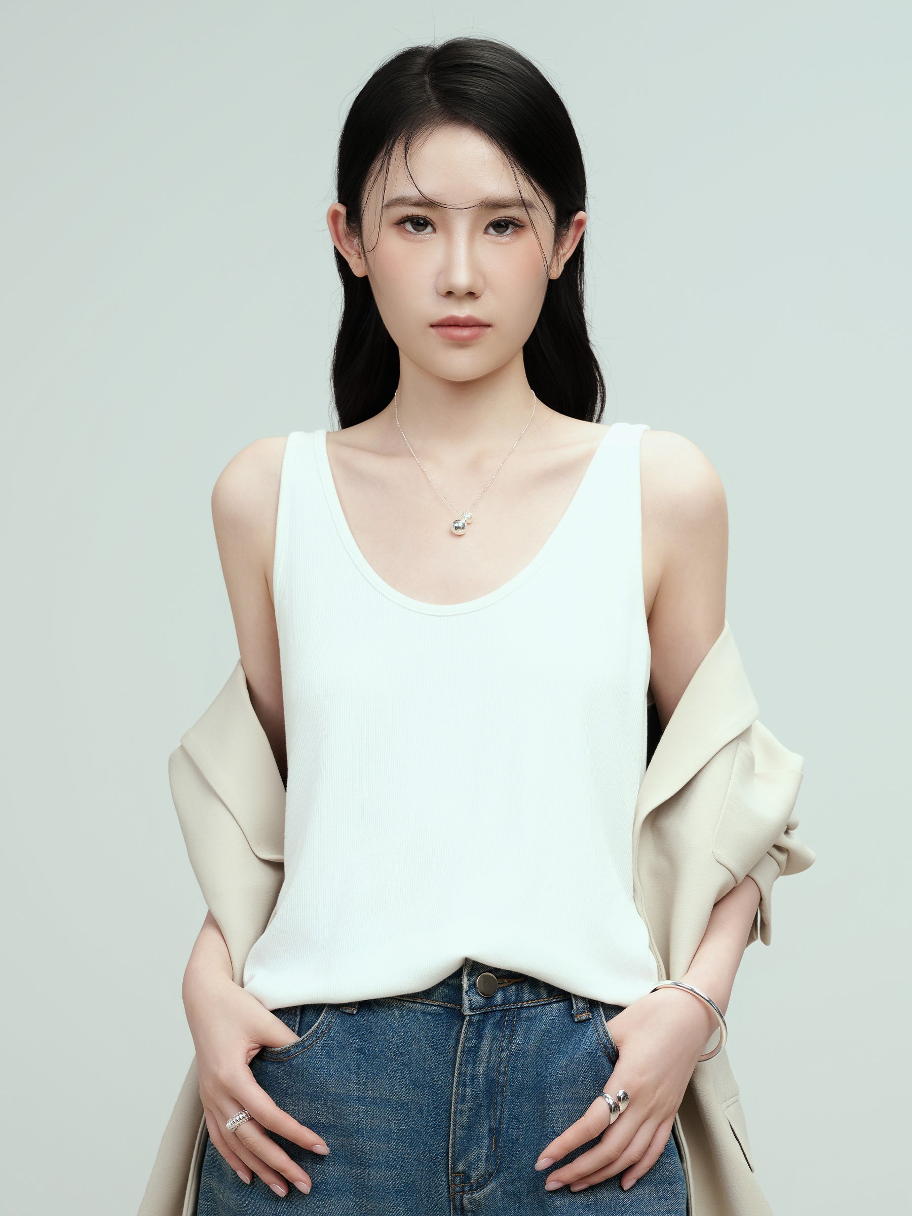 Silver Chain Necklace with Pearl and Silver Bead Pendant