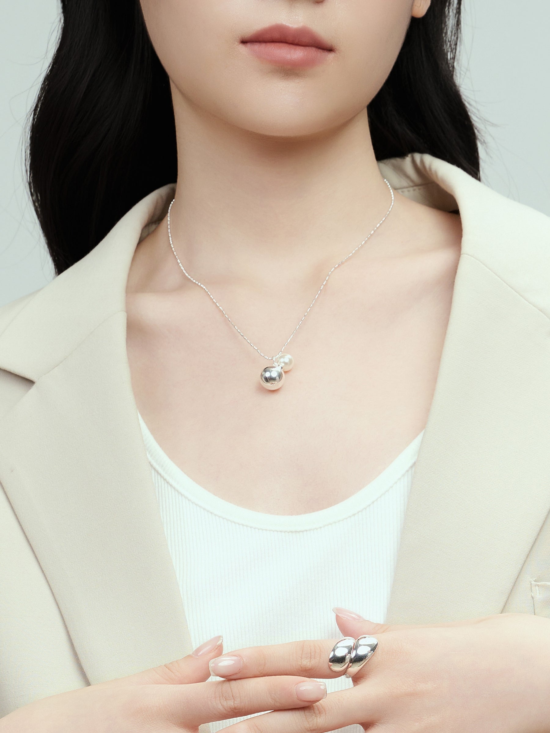 Silver Chain Necklace with Pearl and Silver Bead Pendant