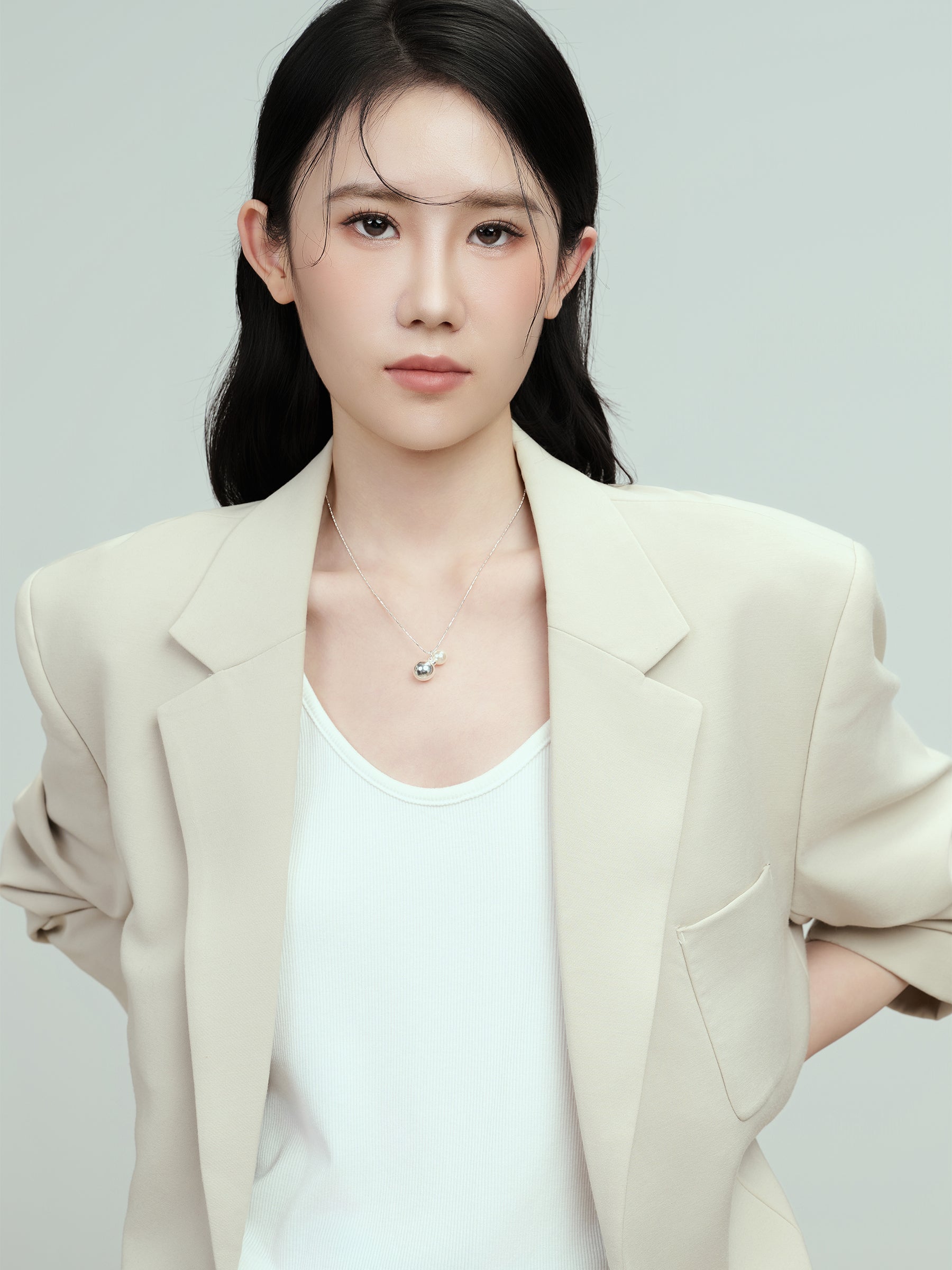 Silver Chain Necklace with Pearl and Silver Bead Pendant