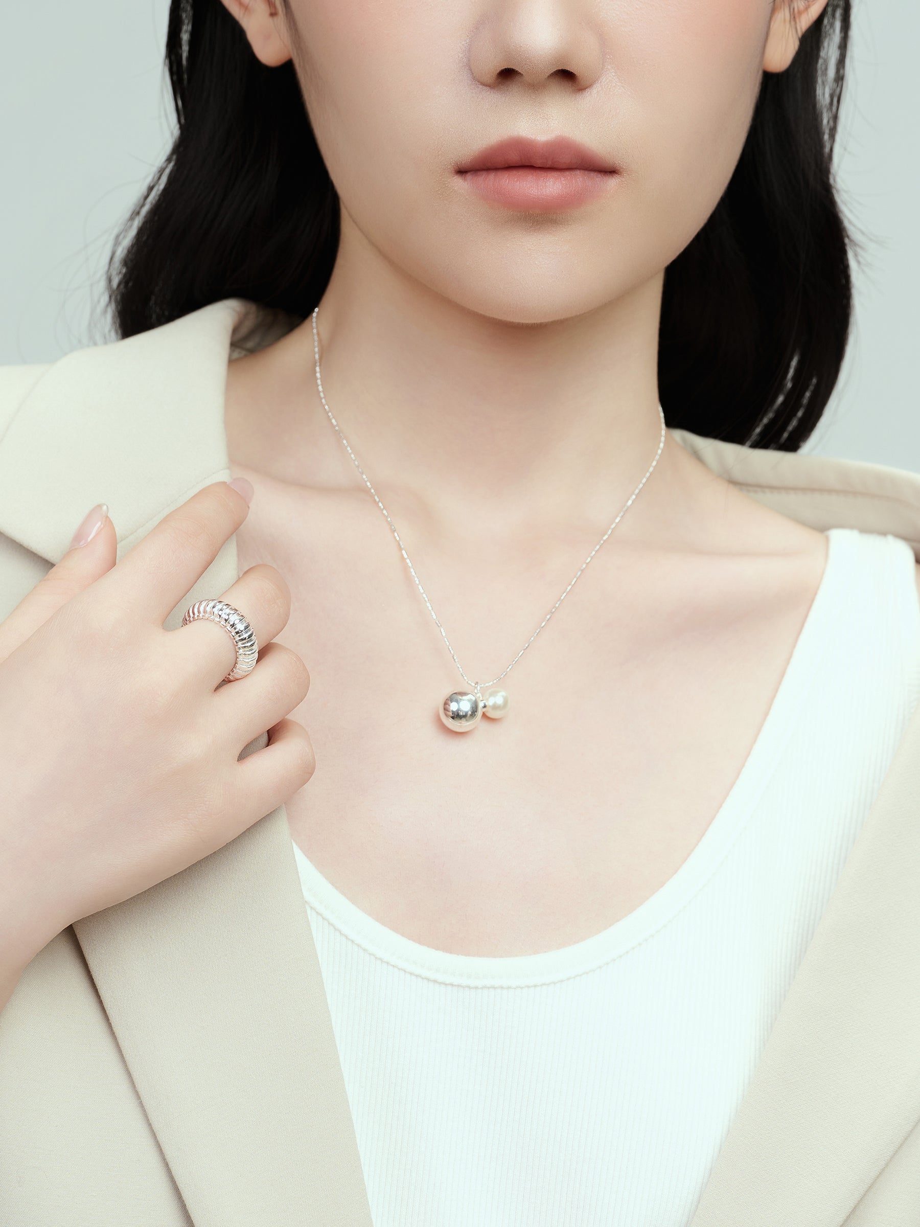 Silver Chain Necklace with Pearl and Silver Bead Pendant