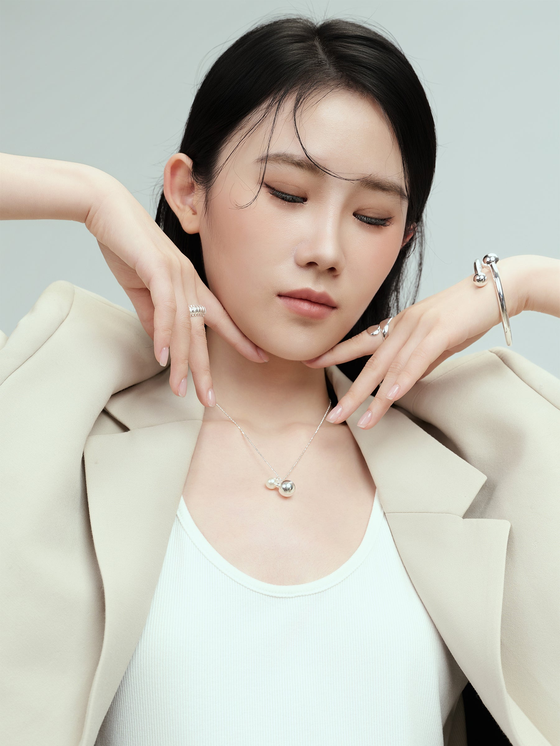 Silver Chain Necklace with Pearl and Silver Bead Pendant