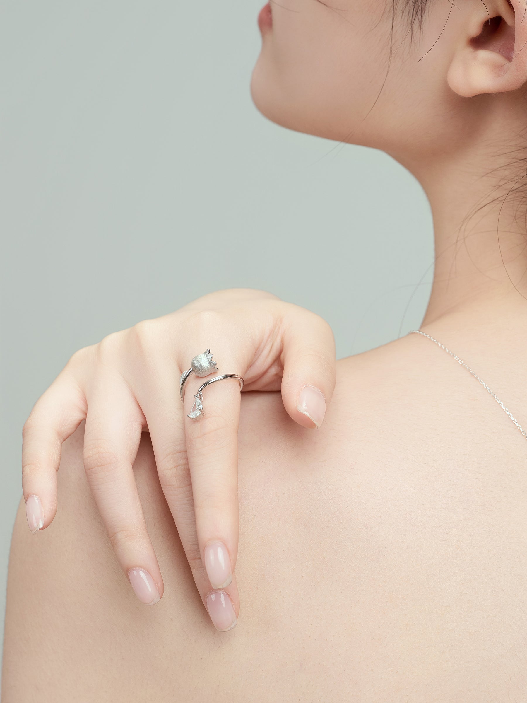 Silver Tulip & Crystal Charm Open Ring