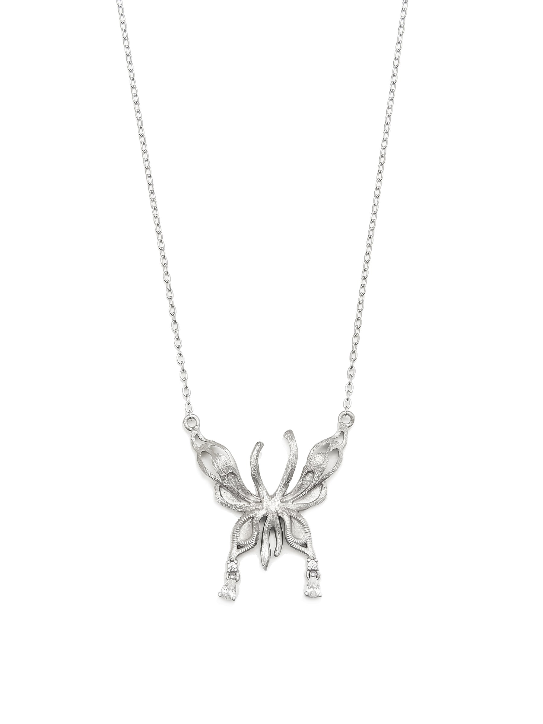 Silver Butterfly Pendant Necklace with Dainty Accents