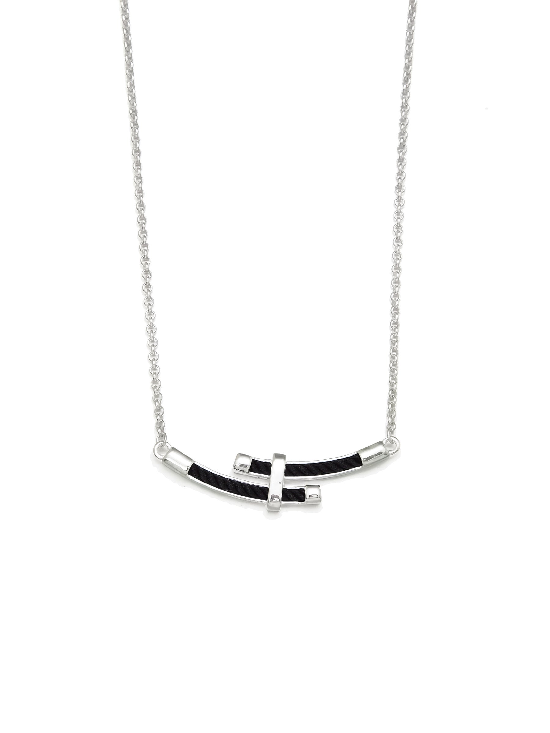 Silver Necklace with Black Rope Inlay and Cross Detail