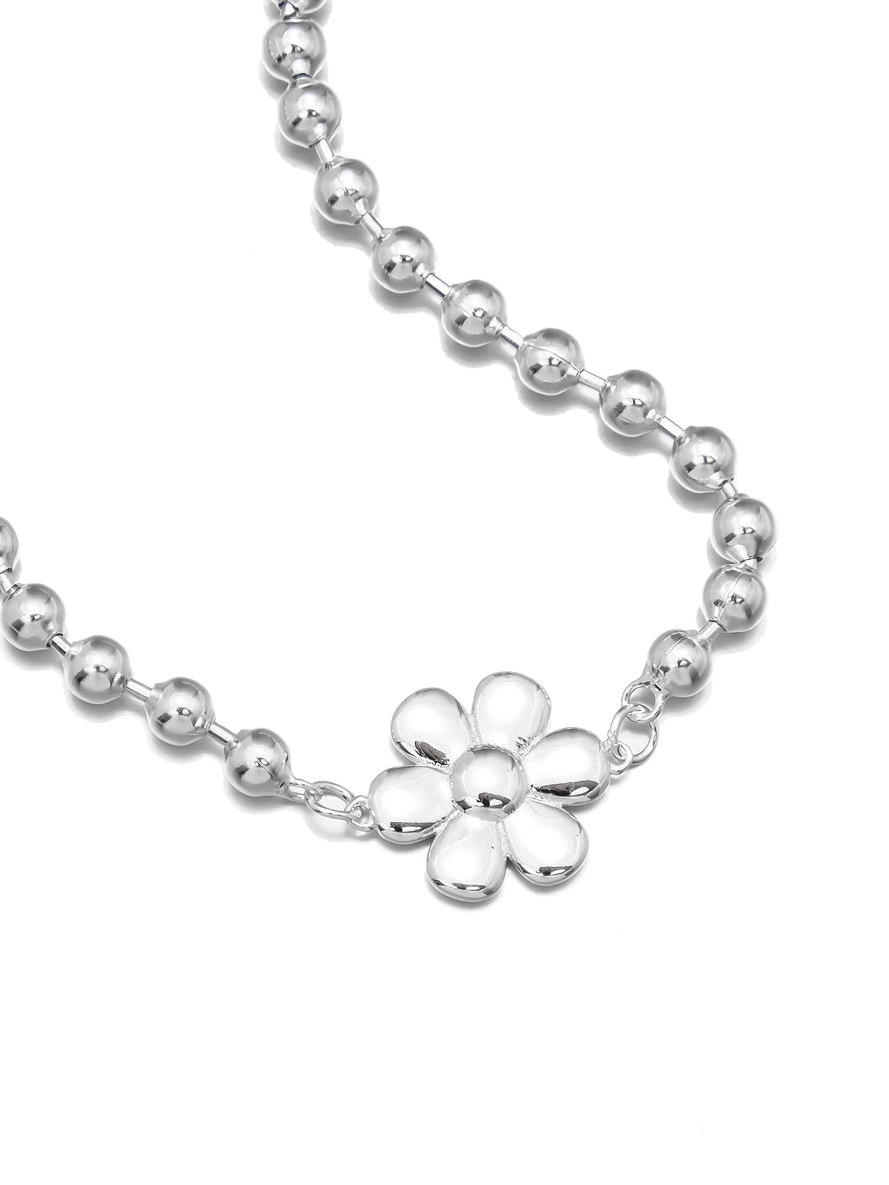 Silver Bead Bracelet with Flower Charm