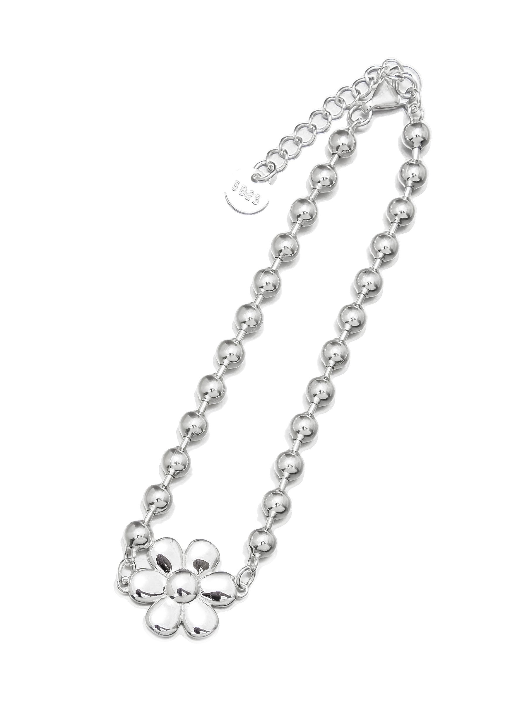 Silver Bead Bracelet with Flower Charm