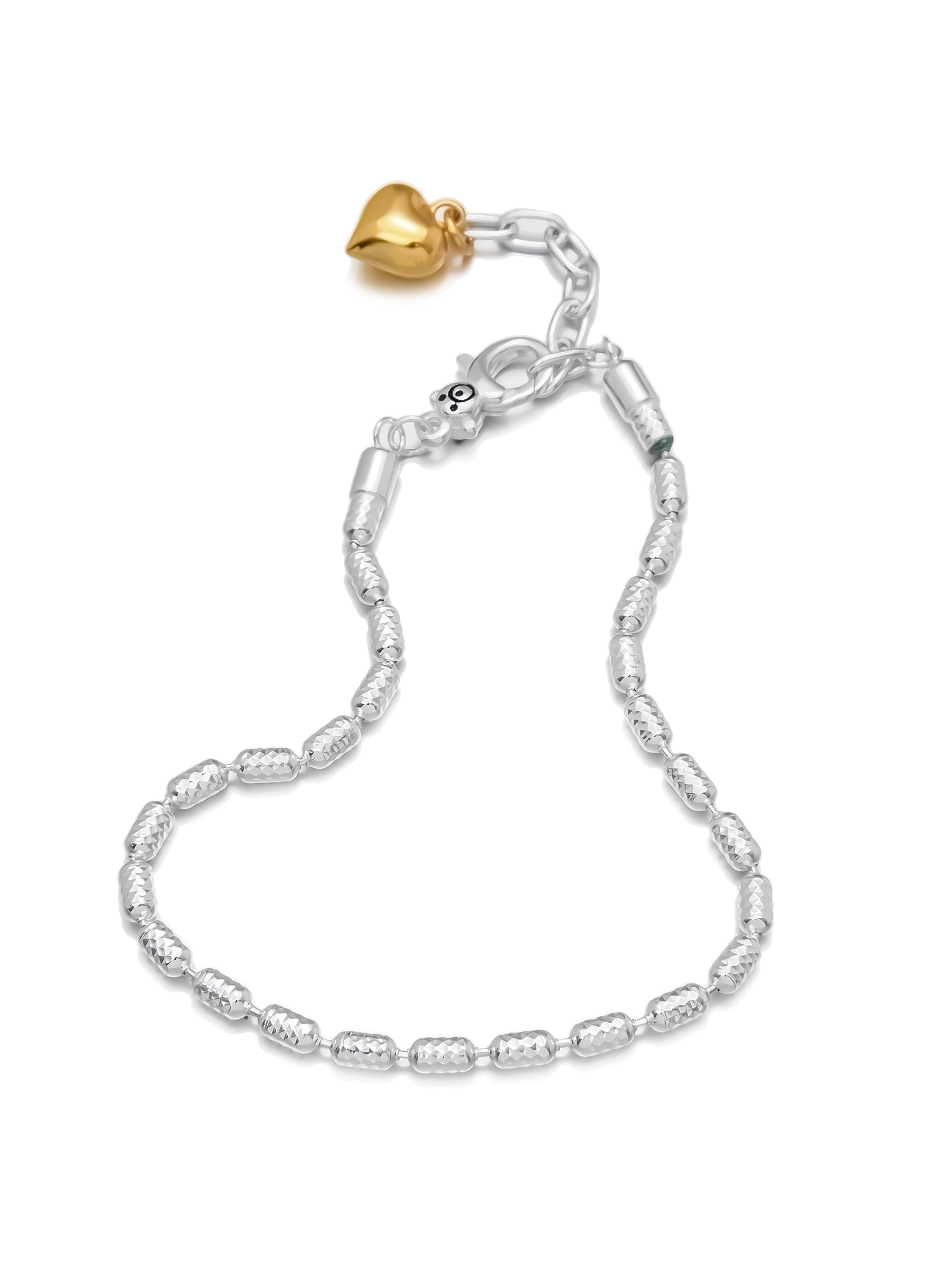 Silver Bead Bracelet with Panda Clasp and Heart Charm