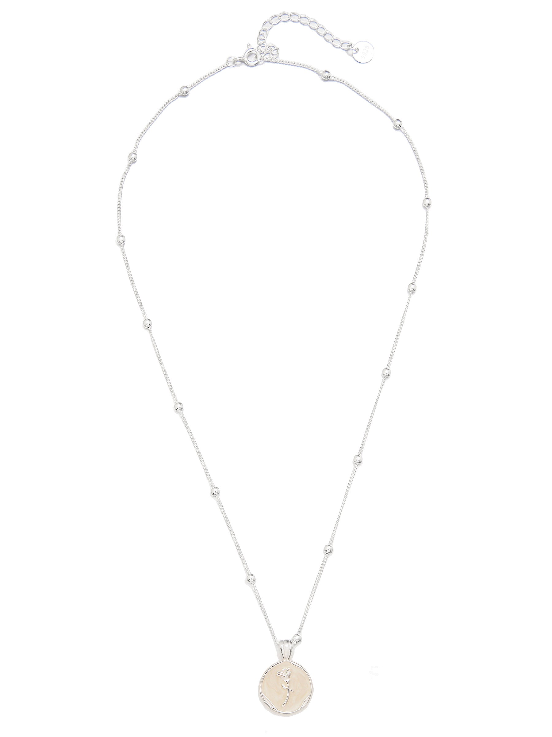 Sterling Silver Beaded Chain Necklace with Rose Engraved Pendant