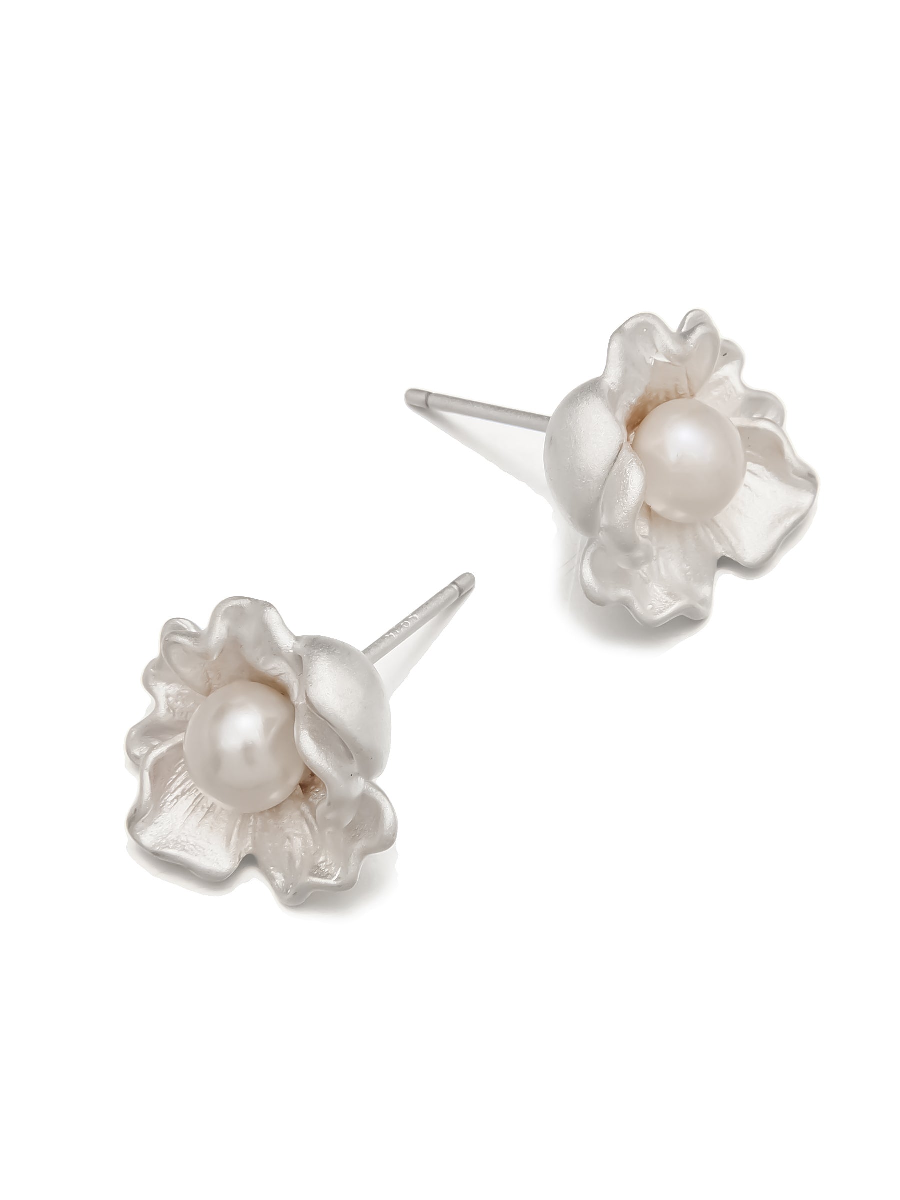 Sterling Silver Floral Pearl Stud Earrings