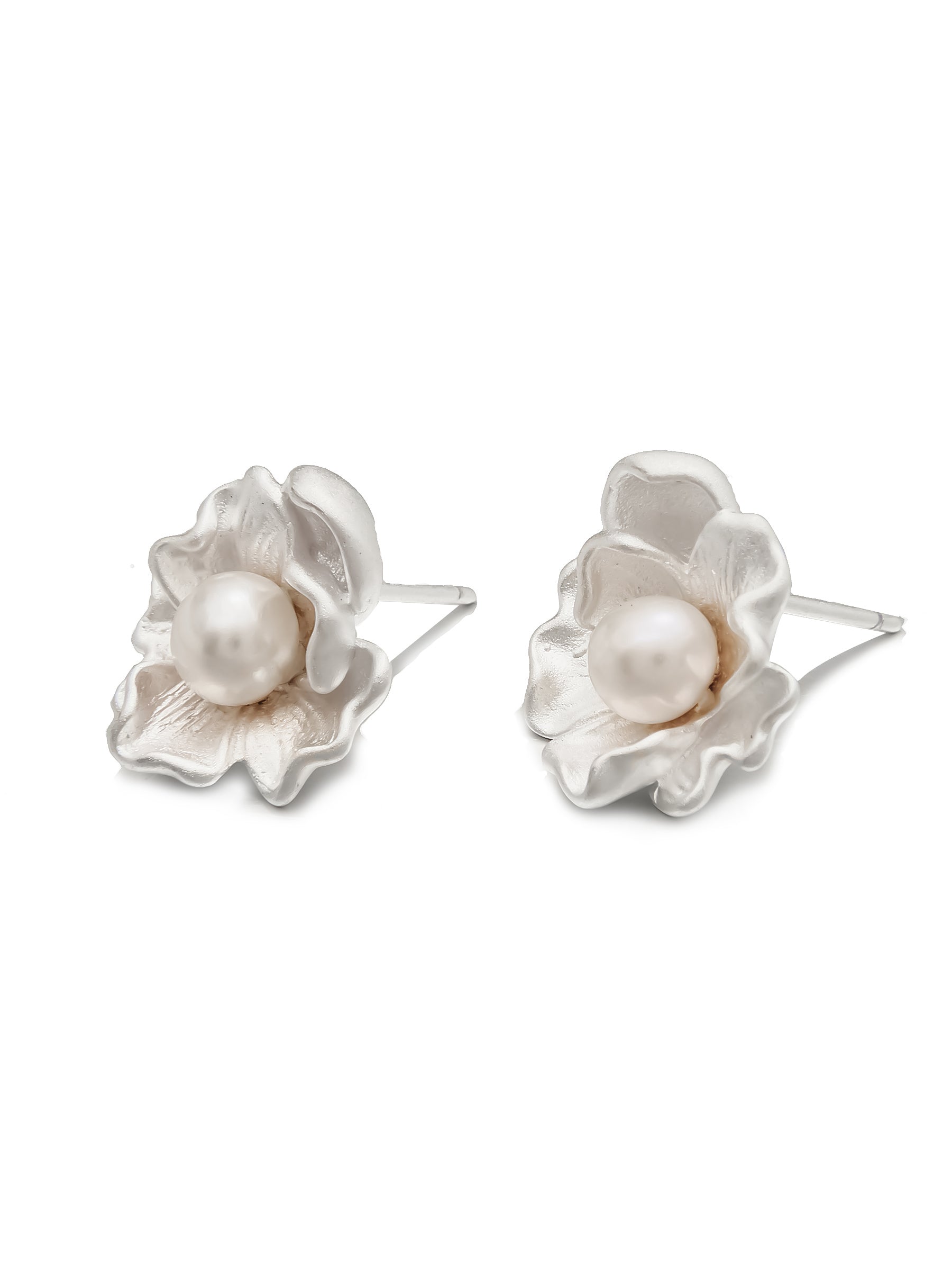 Sterling Silver Floral Pearl Stud Earrings