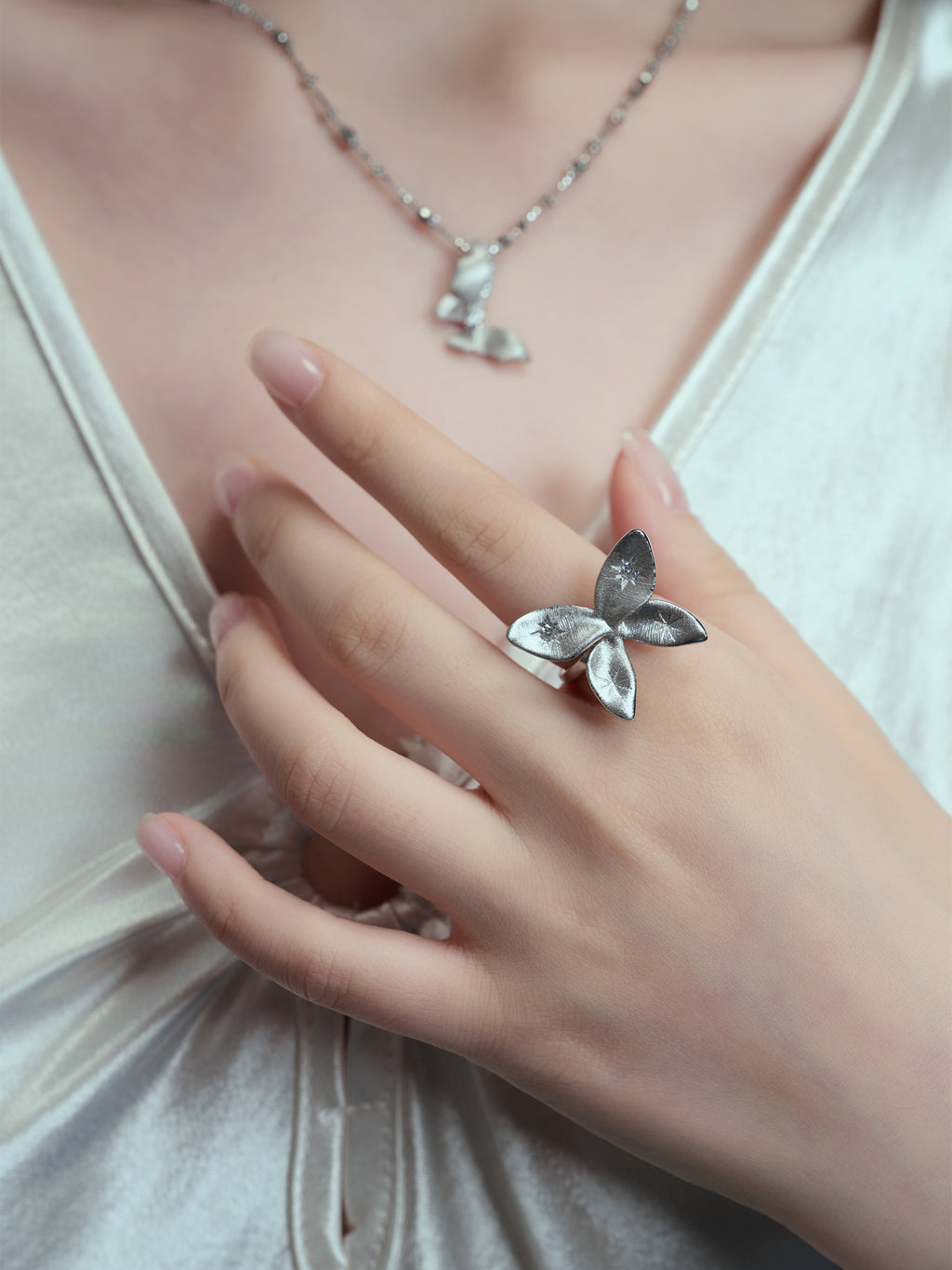 Silver Floral & Butterfly Accent Ring