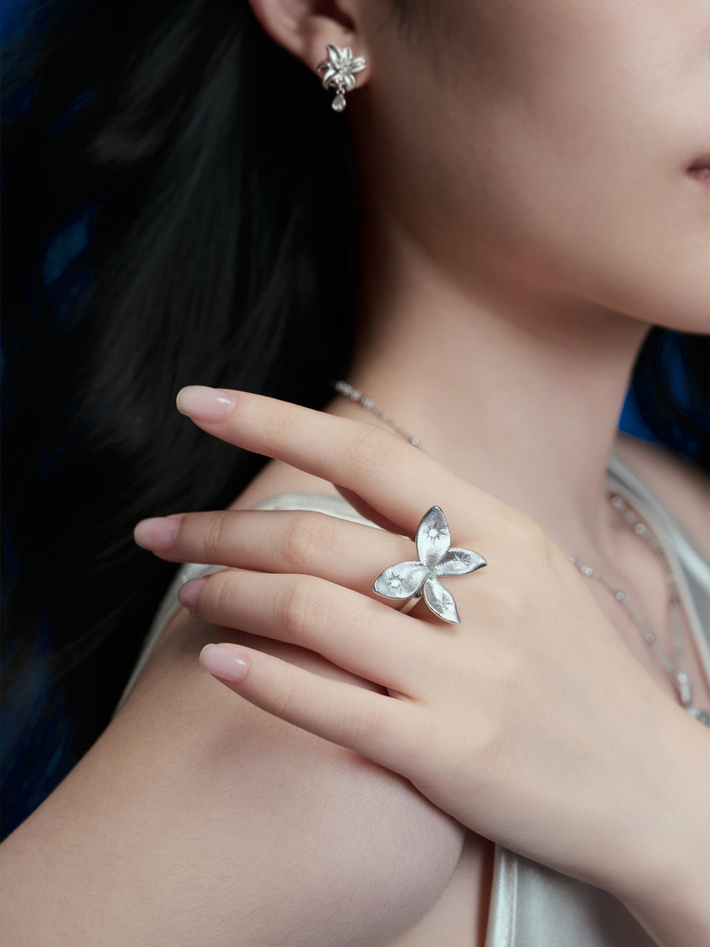 Silver Floral & Butterfly Accent Ring
