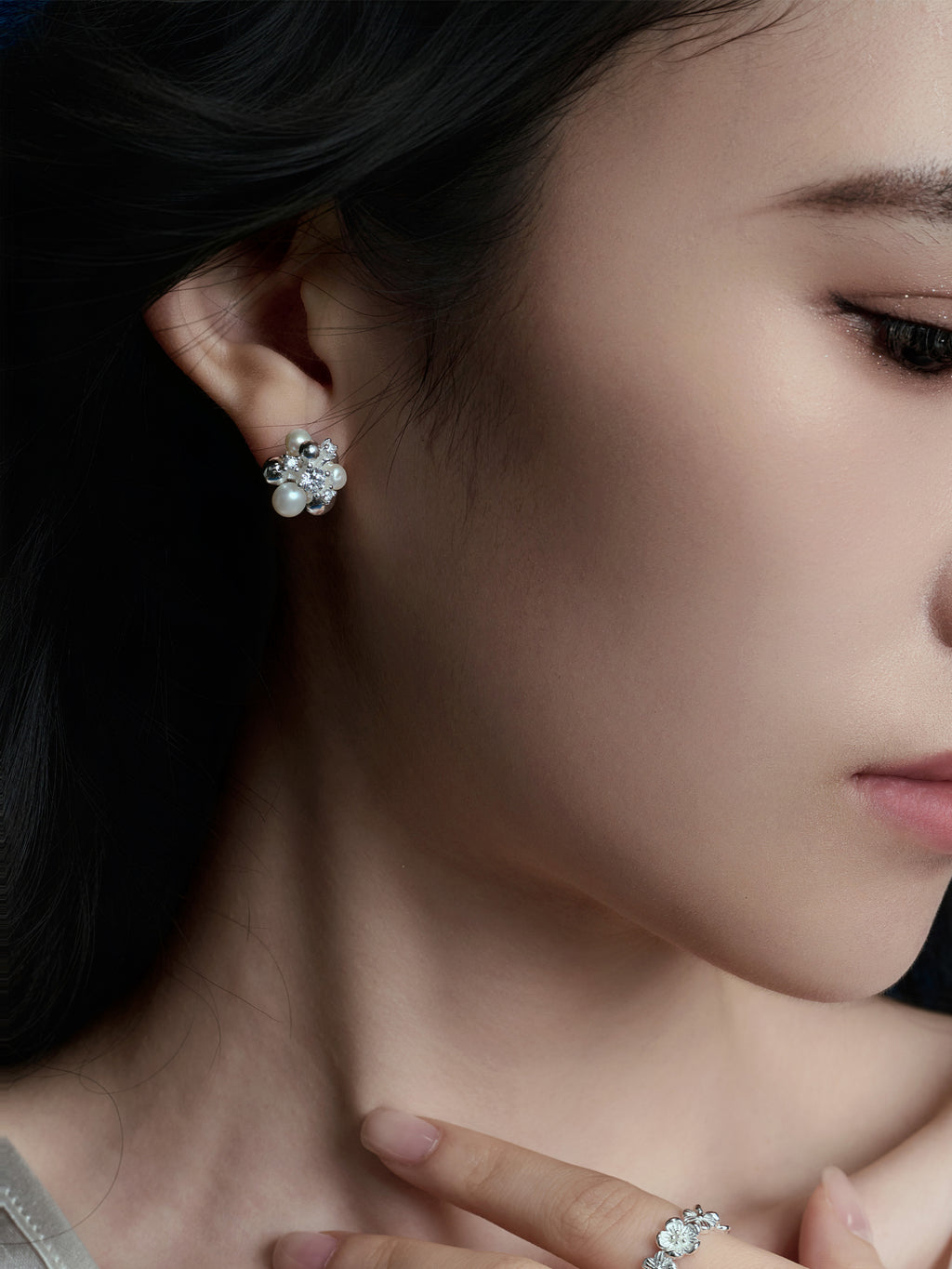 Pearl and Crystal Cluster Floral Stud Earrings