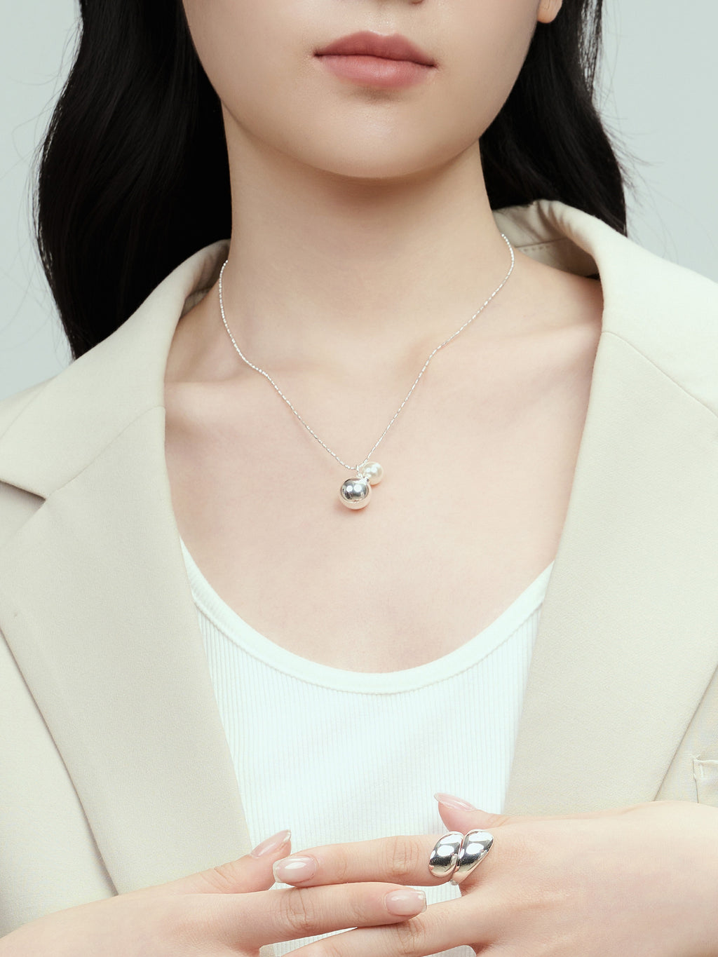 Silver Chain Necklace with Pearl and Silver Bead Pendant