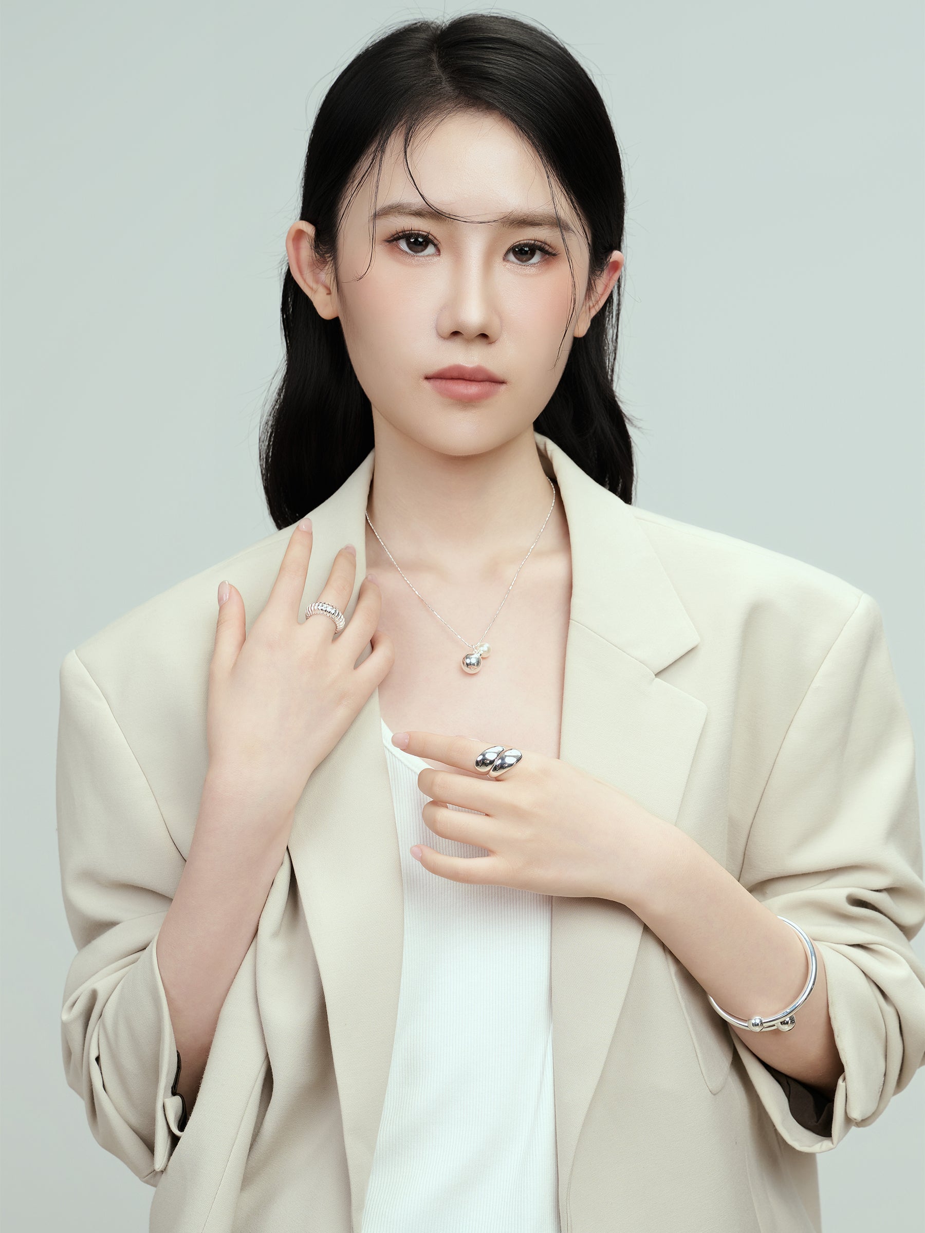 Silver Chain Necklace with Pearl and Silver Bead Pendant