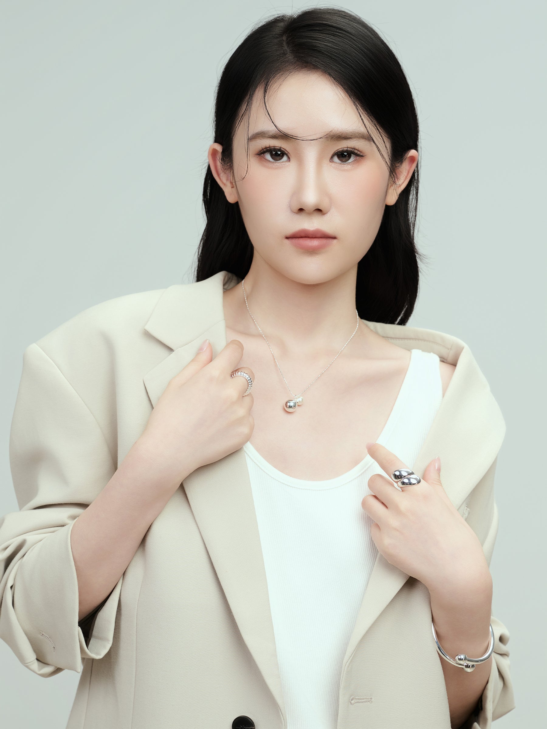 Silver Chain Necklace with Pearl and Silver Bead Pendant