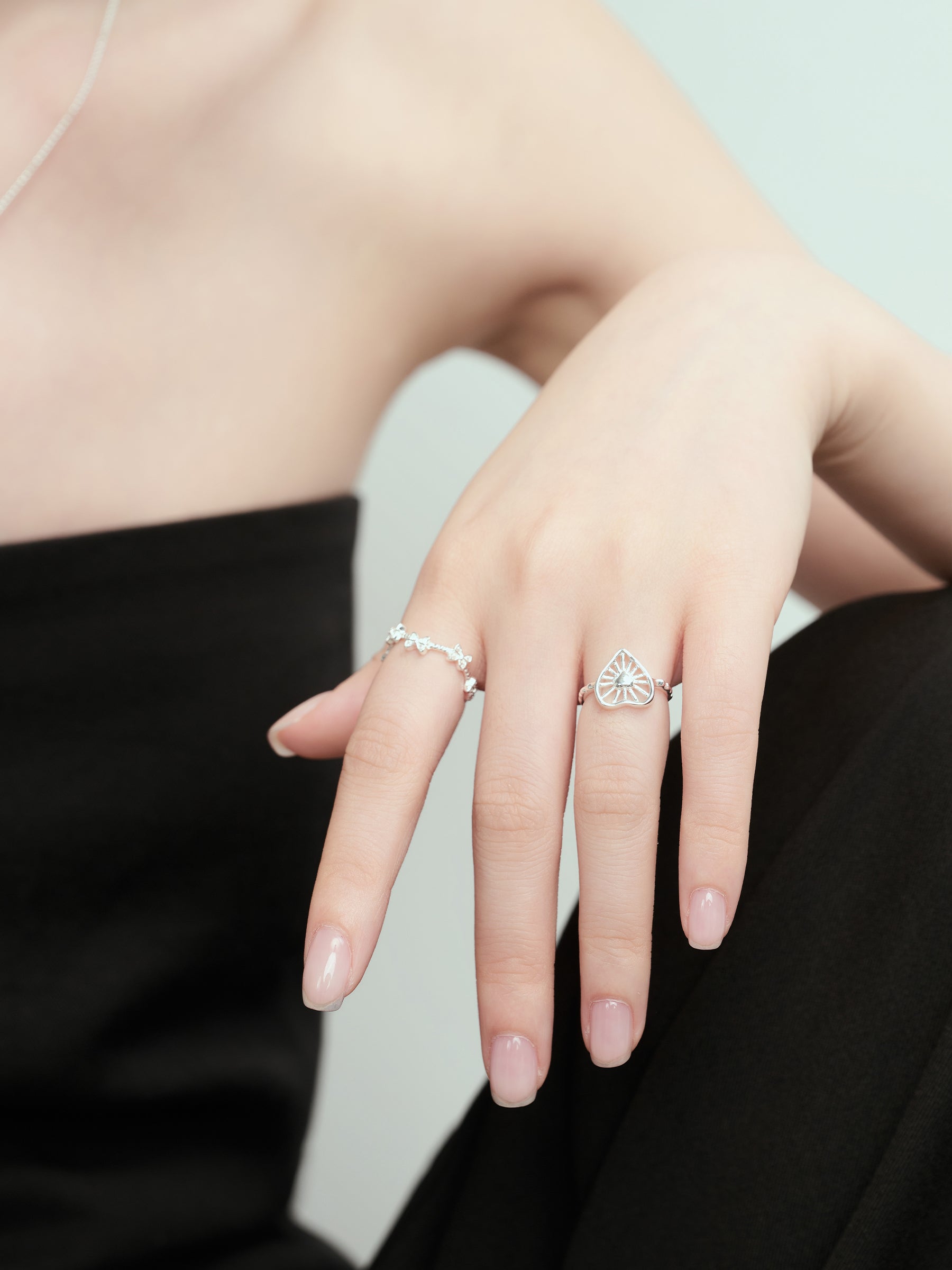 Silver Openwork Heart Sunburst Ring