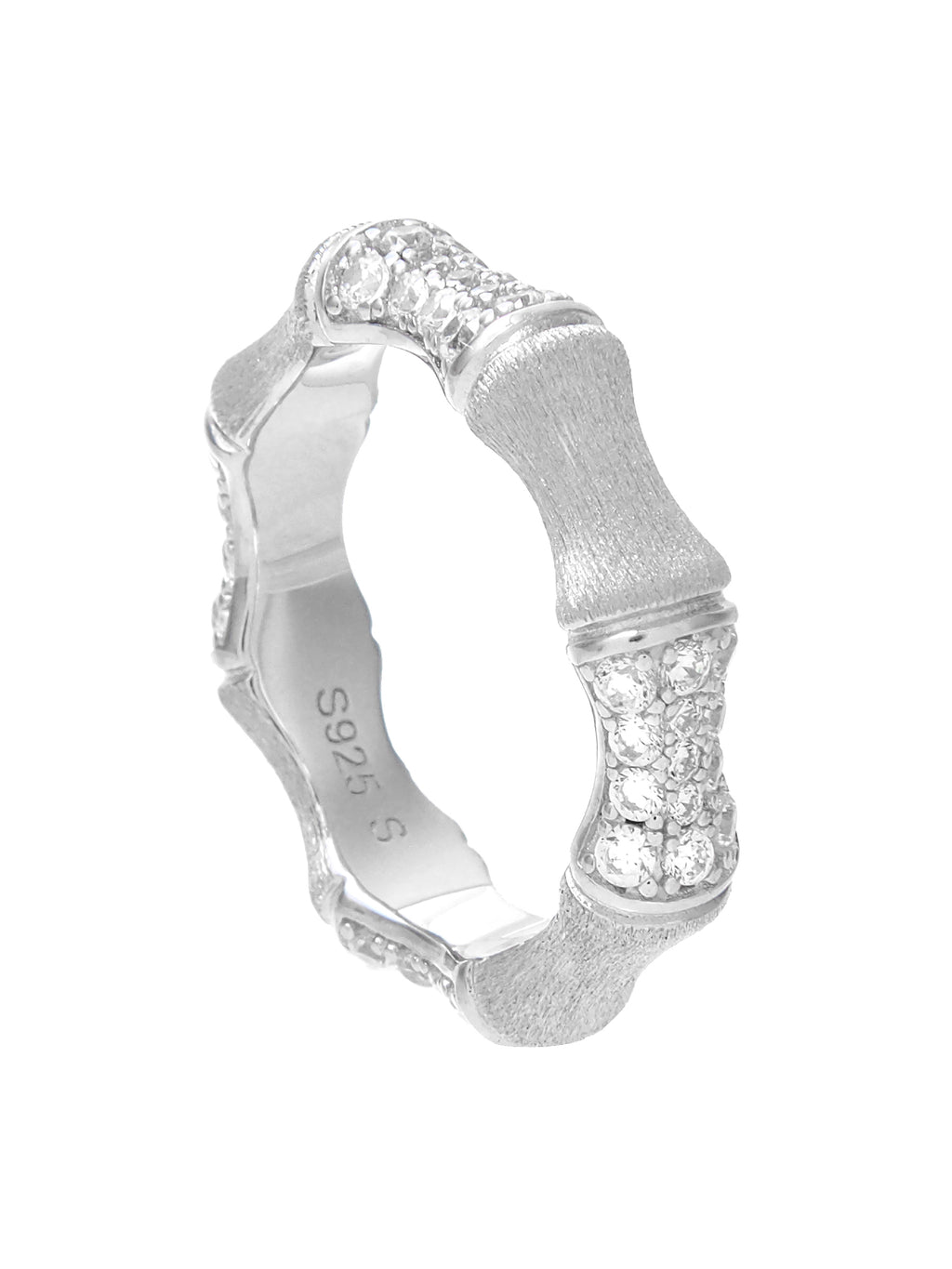 Bamboo-Inspired Silver Ring with Zircon Accents