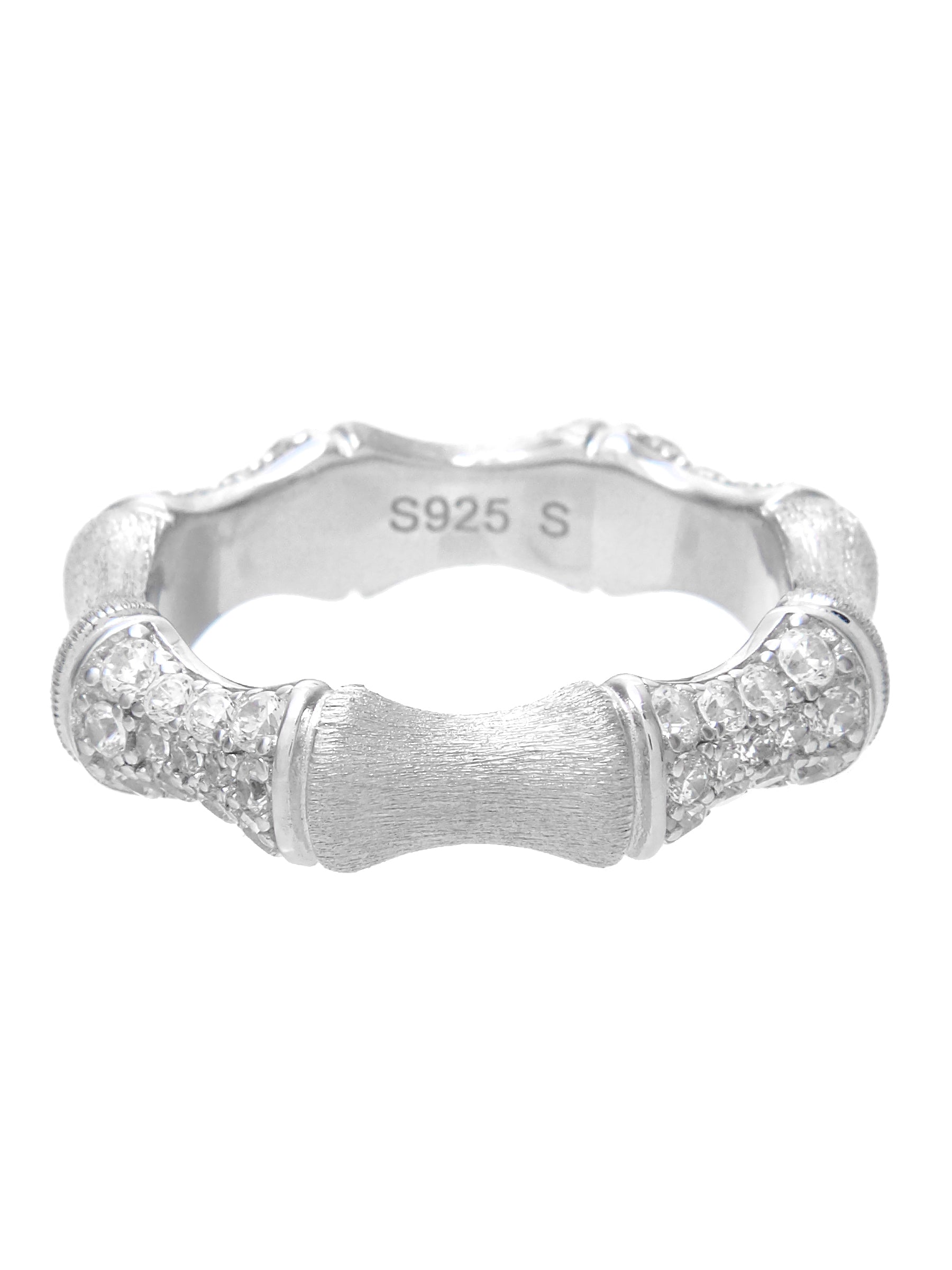 Bamboo-Inspired Silver Ring with Zircon Accents