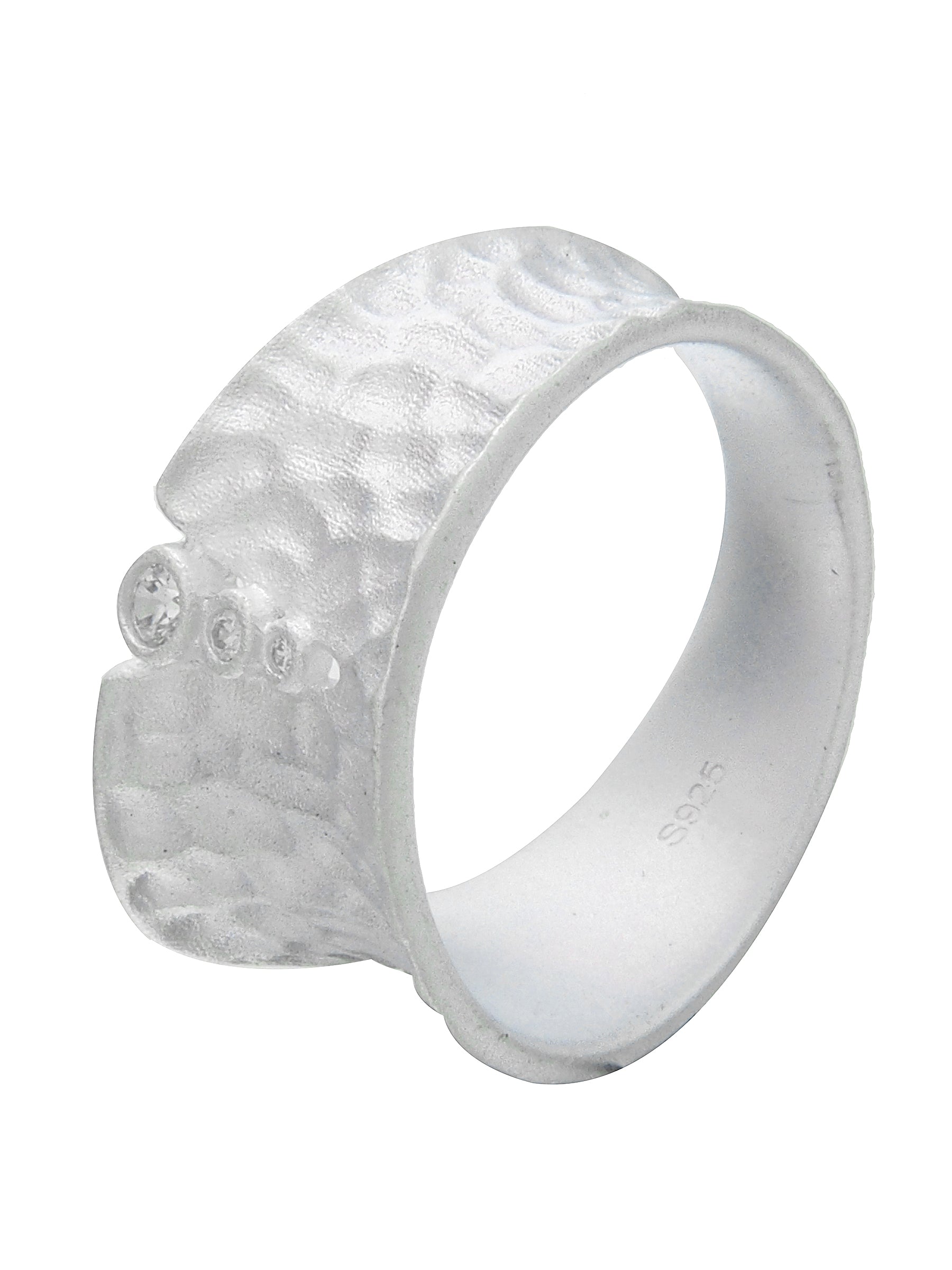 Hammered Silver Ring with Triple Stone Detail
