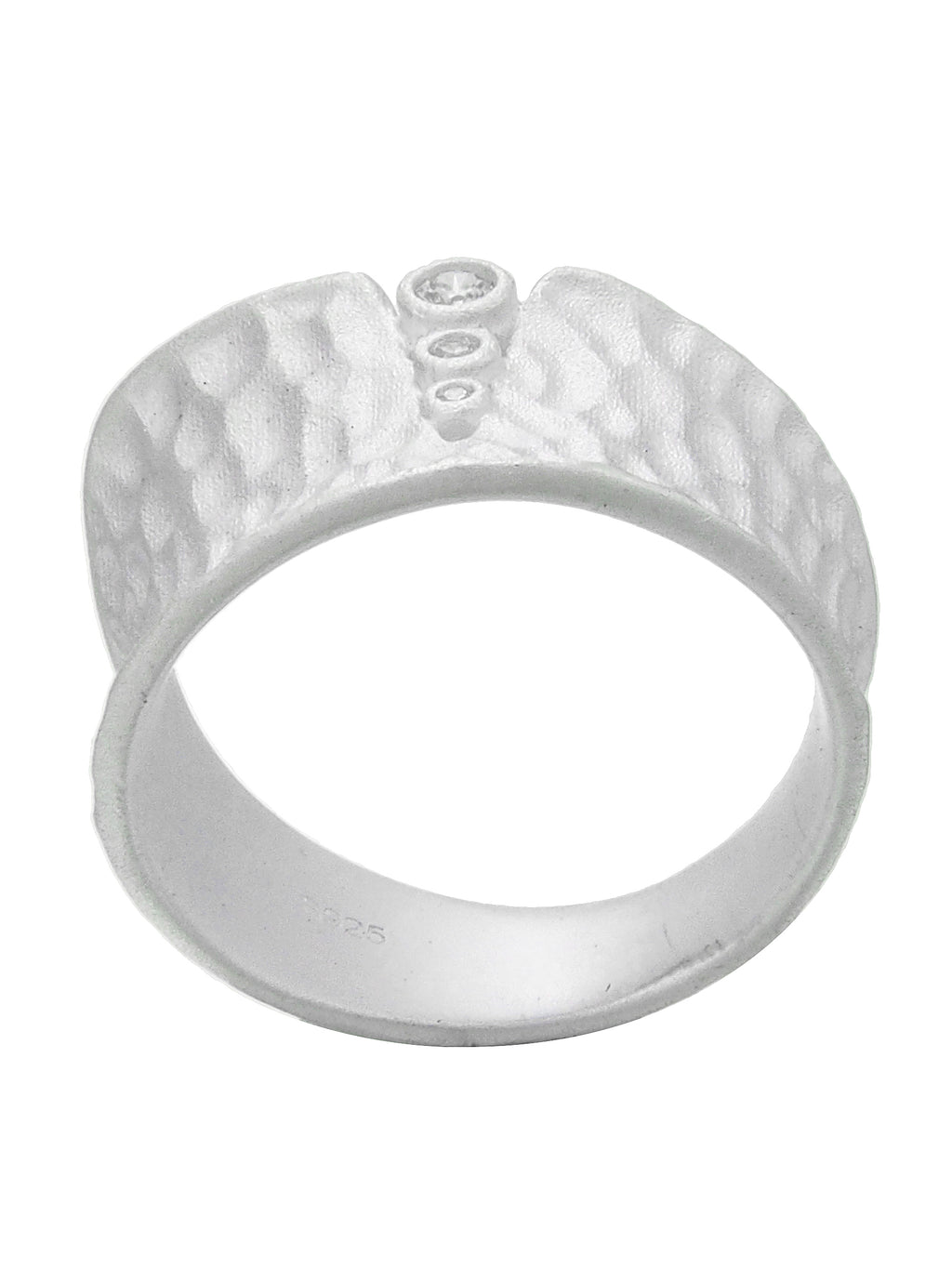 Hammered Silver Ring with Triple Stone Detail