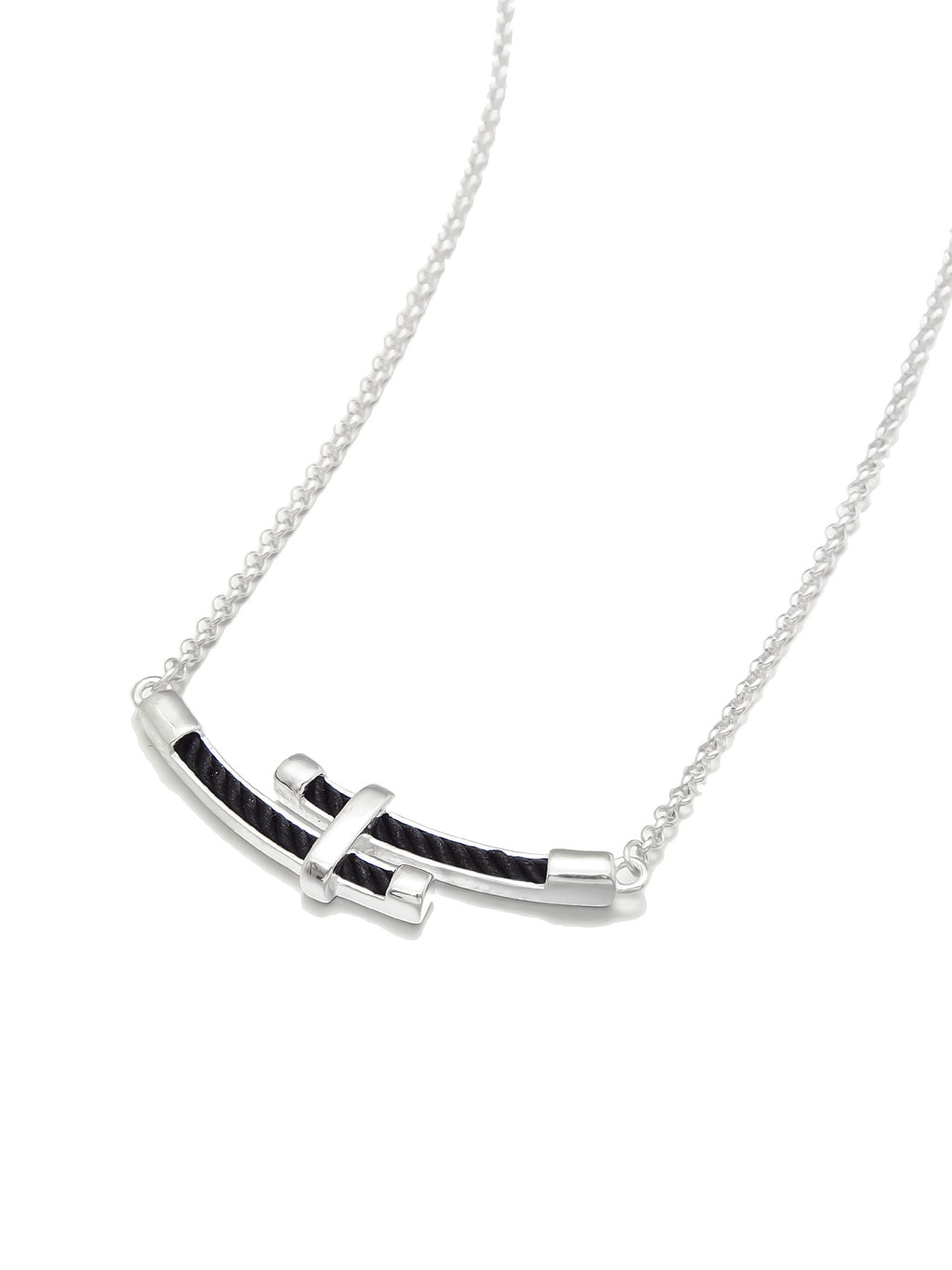 Silver Necklace with Black Rope Inlay and Cross Detail