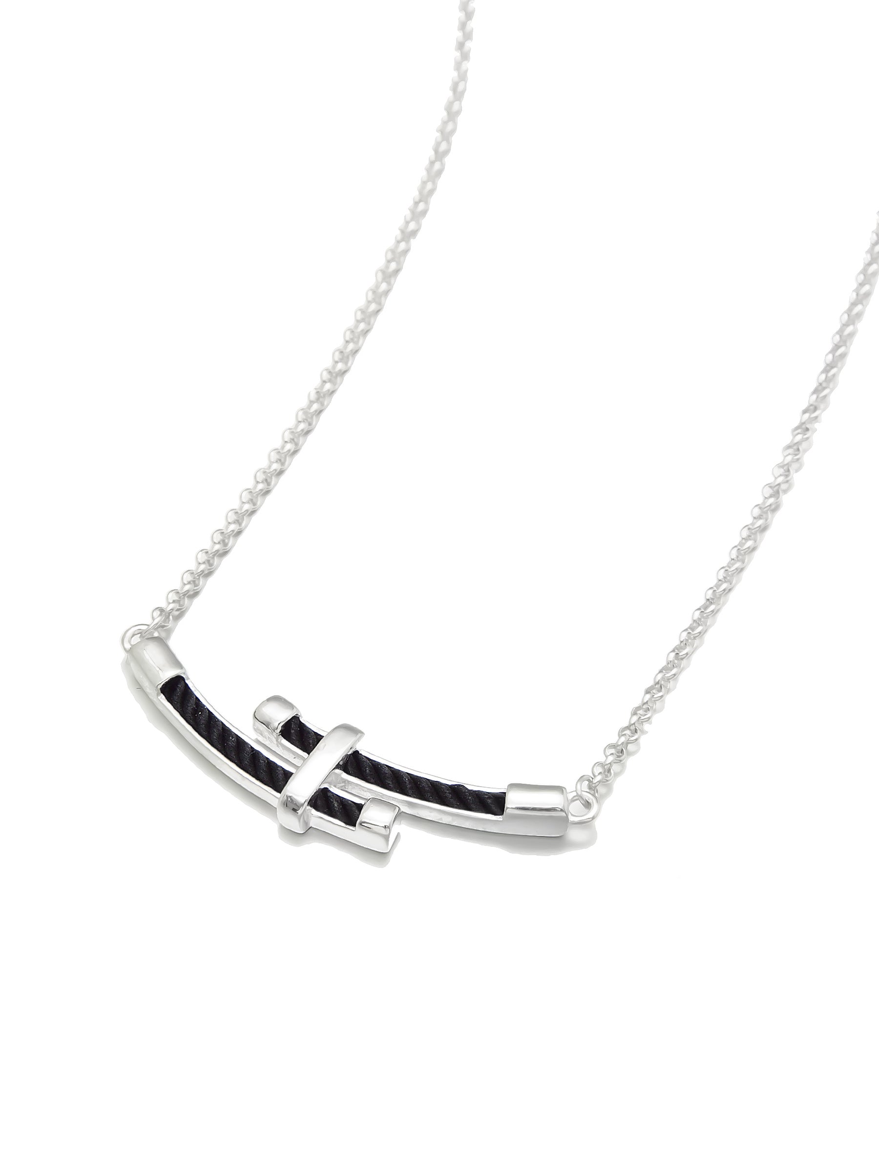Silver Necklace with Black Rope Inlay and Cross Detail
