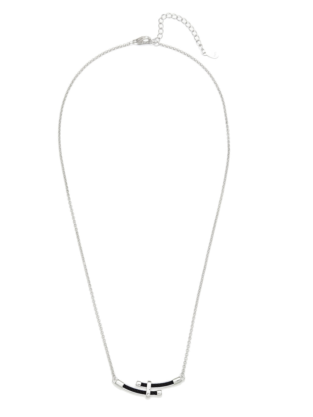 Silver Necklace with Black Rope Inlay and Cross Detail