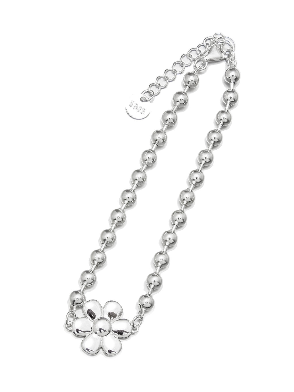 Silver Bead Bracelet with Flower Charm