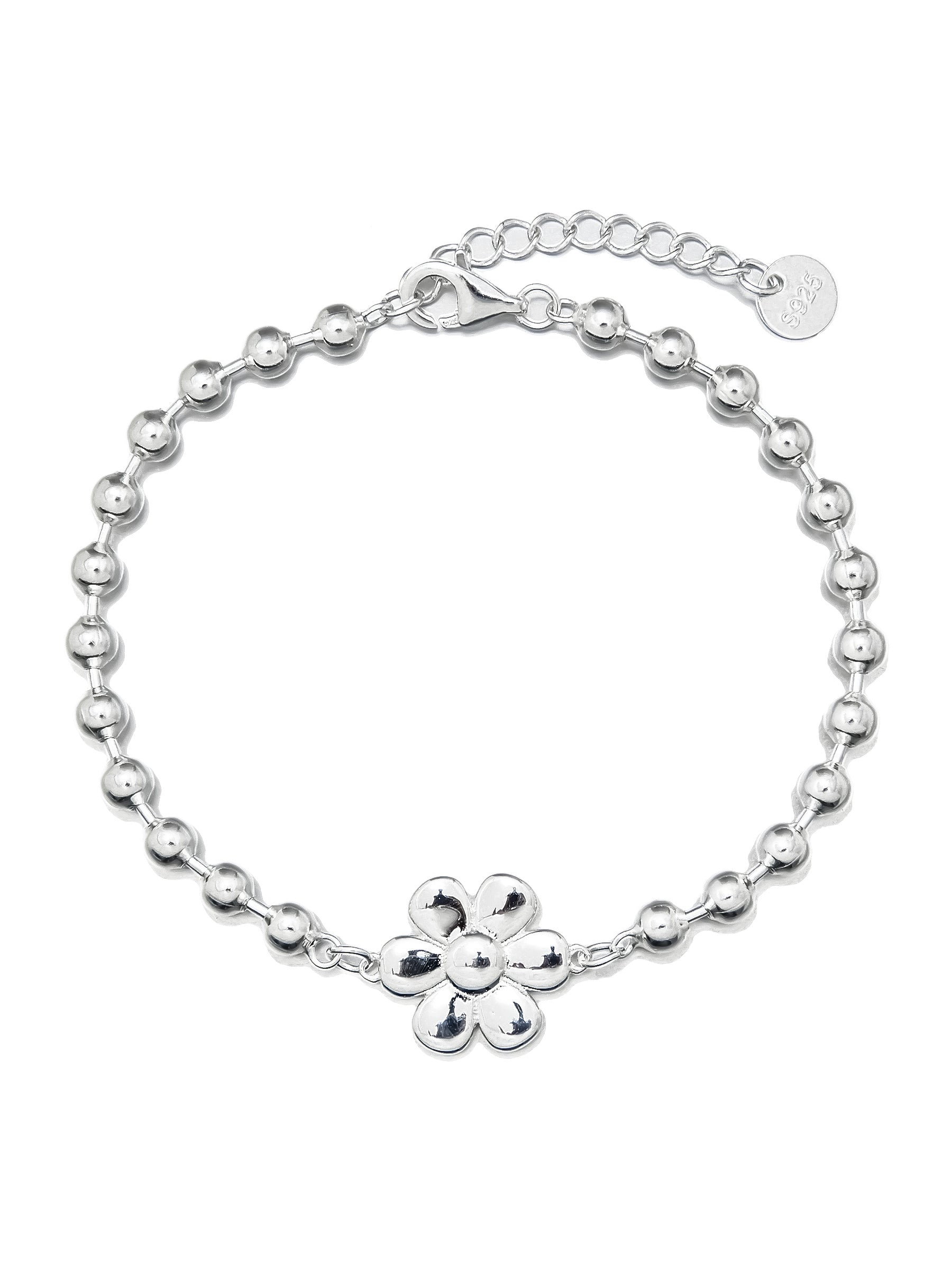 Silver Bead Bracelet with Flower Charm