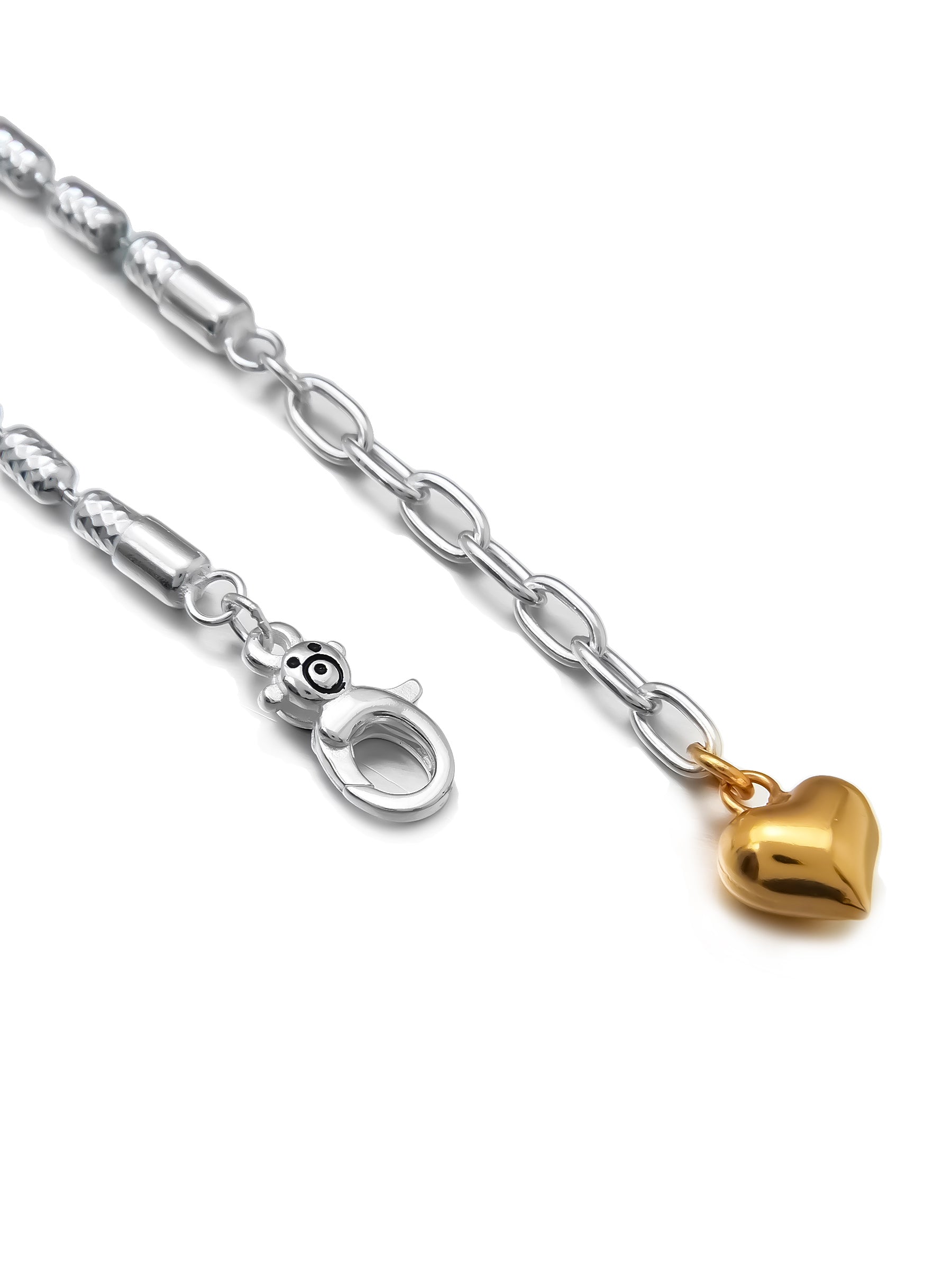Silver Bead Bracelet with Panda Clasp and Heart Charm
