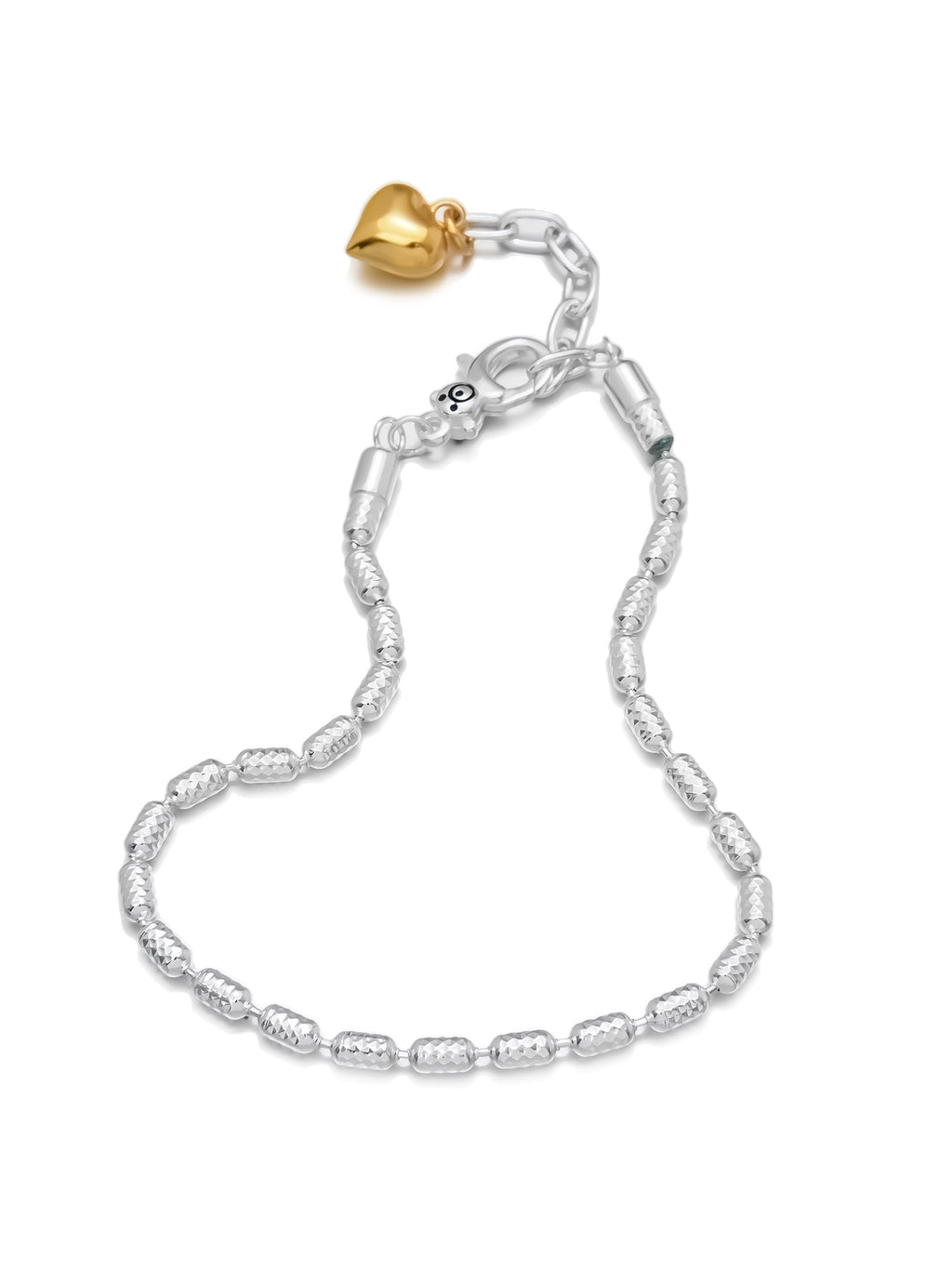 Silver Bead Bracelet with Panda Clasp and Heart Charm