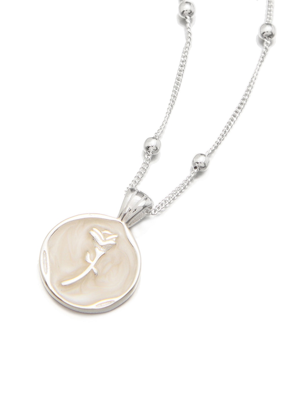 Sterling Silver Beaded Chain Necklace with Rose Engraved Pendant