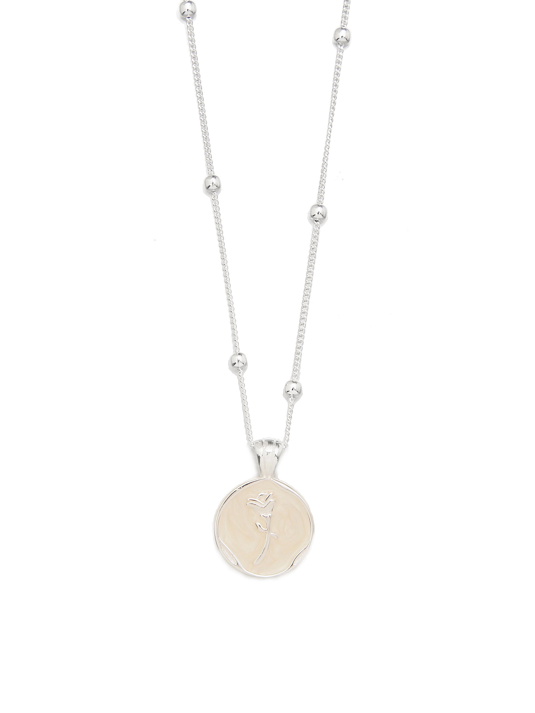 Sterling Silver Beaded Chain Necklace with Rose Engraved Pendant