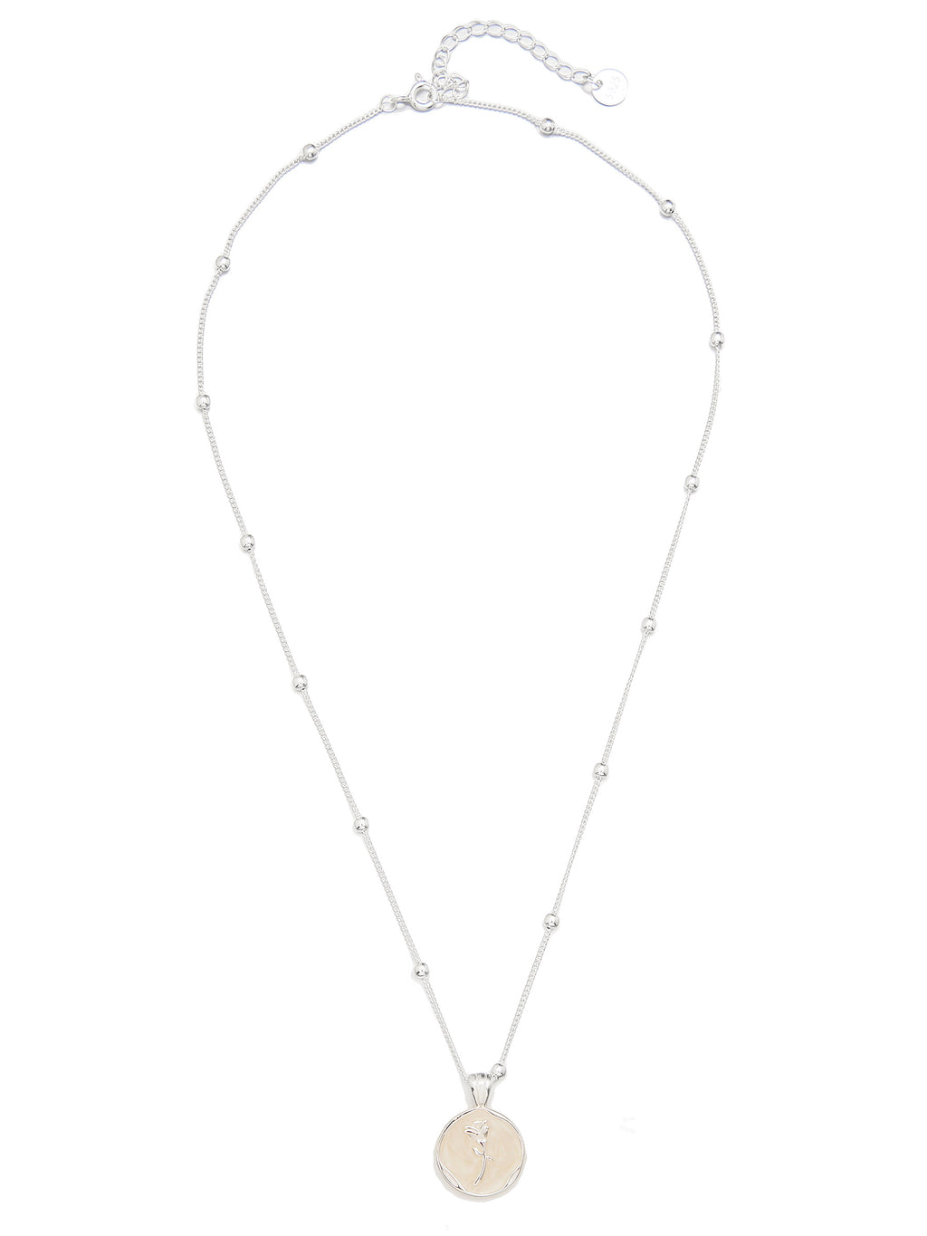 Sterling Silver Beaded Chain Necklace with Rose Engraved Pendant