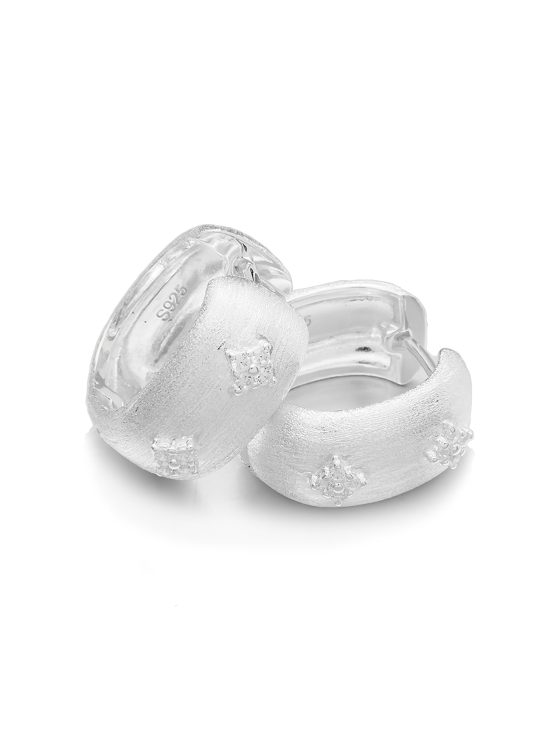 Matte Wide Sterling Silver Hoops with Star Accents