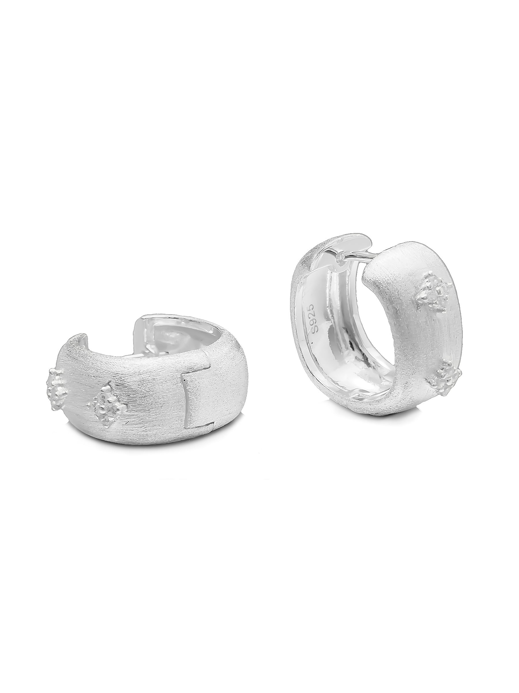 Matte Wide Sterling Silver Hoops with Star Accents