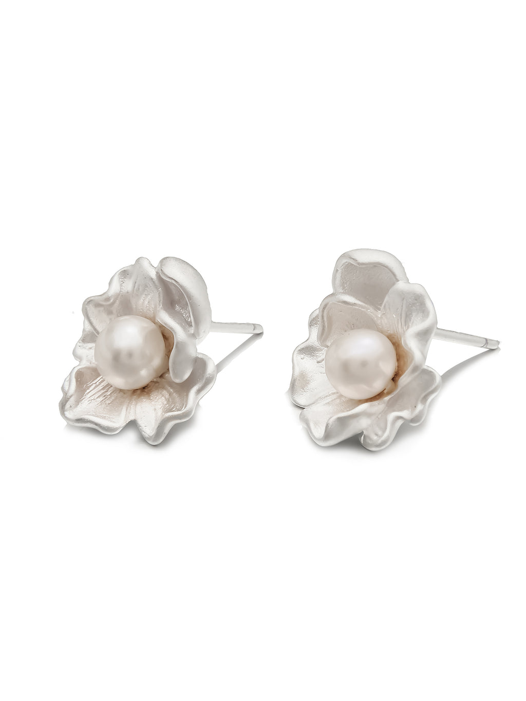 Sterling Silver Floral Pearl Stud Earrings