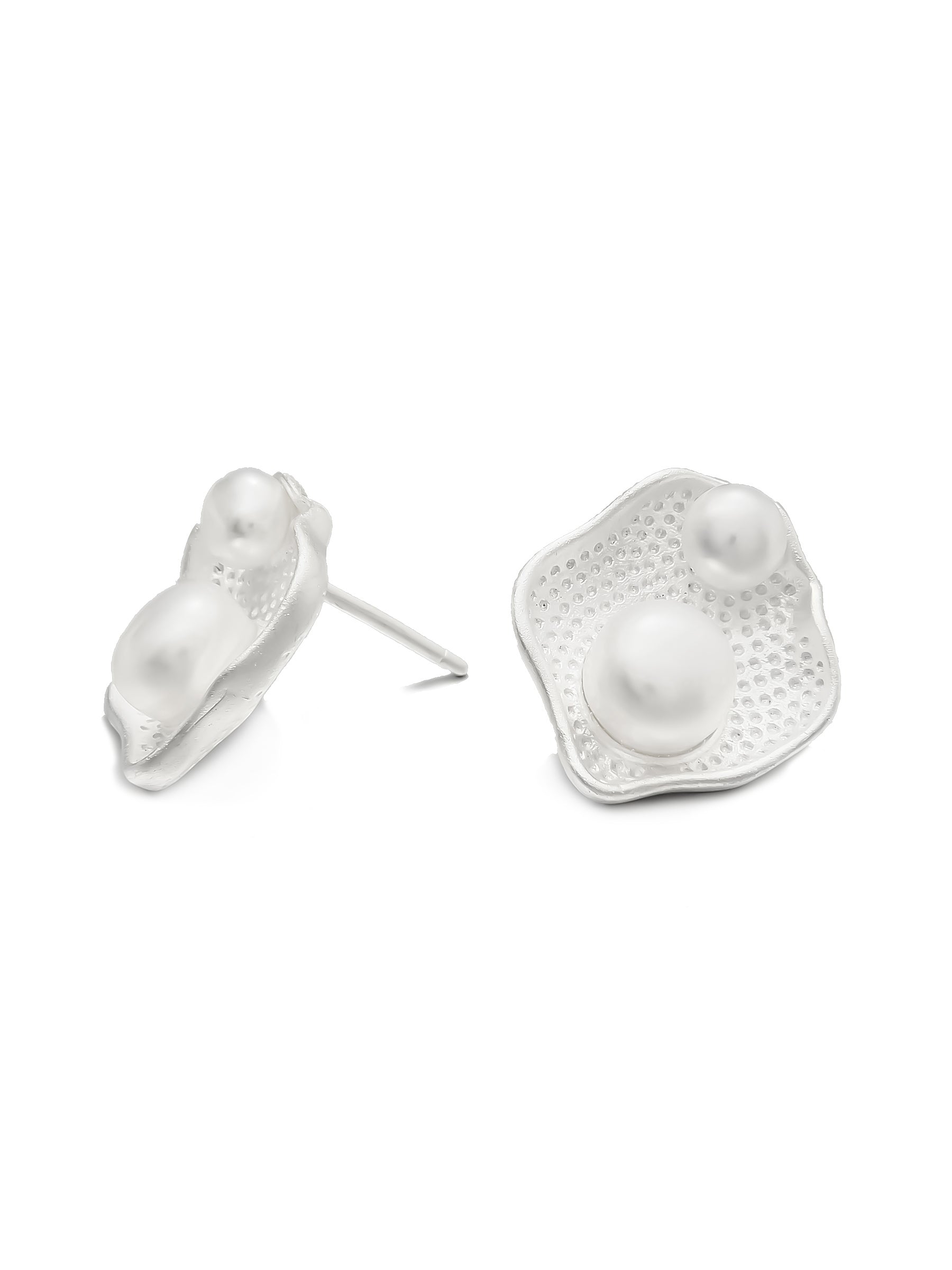 Sterling Silver Irregular Stud Earrings with Pearl Accents